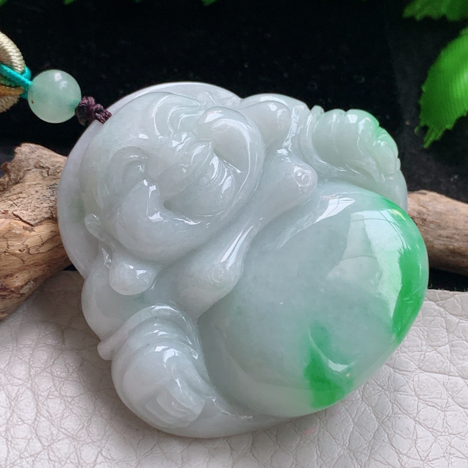 zen实拍46*48*12.5缅甸天然翡翠a货精雕白底青大佛公 弥勒佛玉项坠 玉挂件
