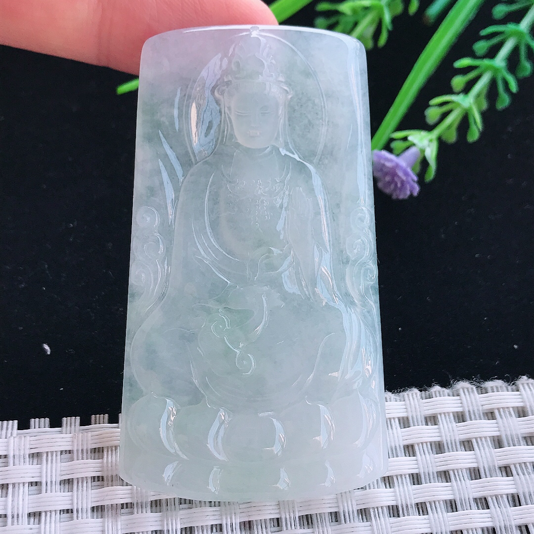 实拍A货翡翠64.5/38/5.6老坑冰透起胶观音菩萨吊坠玉观音挂件
