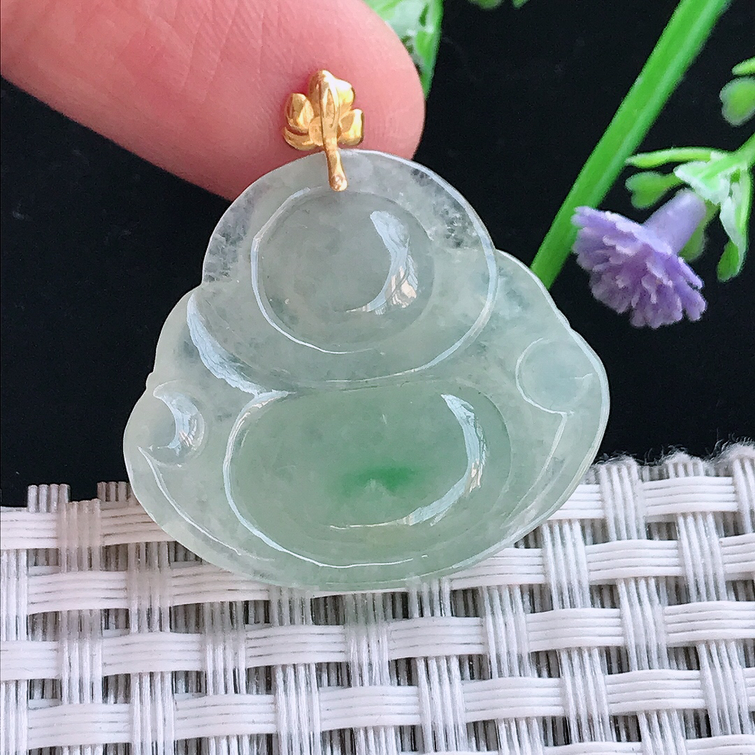 实拍A货翡翠25.8/28.6/5.5老坑18k金镶嵌冰晴飘绿佛公吊坠翡翠挂件