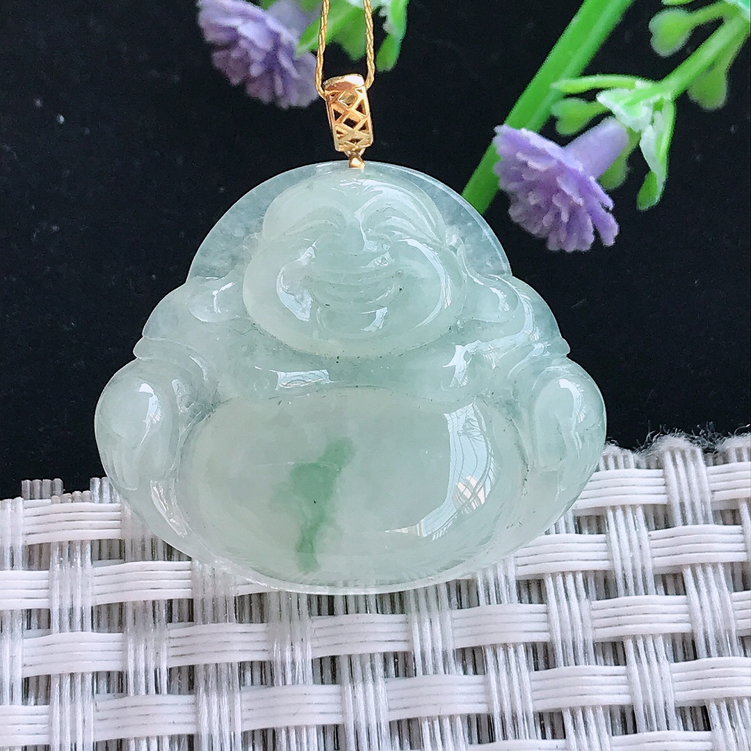 实拍A货翡翠25.6/29.8/6.2老坑18k金镶嵌冰胶果冻飘花佛公吊坠翡翠玉佛挂件