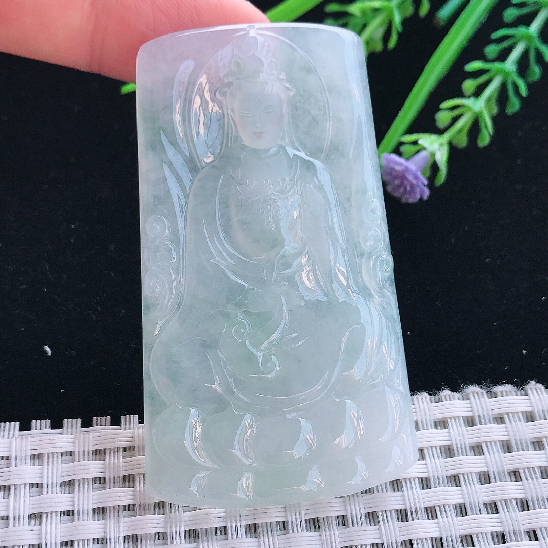 实拍A货翡翠64.5/38/5.6老坑冰透起胶观音菩萨吊坠玉观音挂件