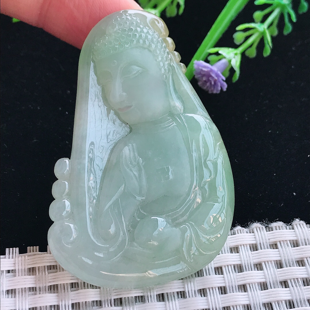 实拍A货翡翠56.8/37/7.6老坑冰润晴绿佛头吊坠翡翠挂件