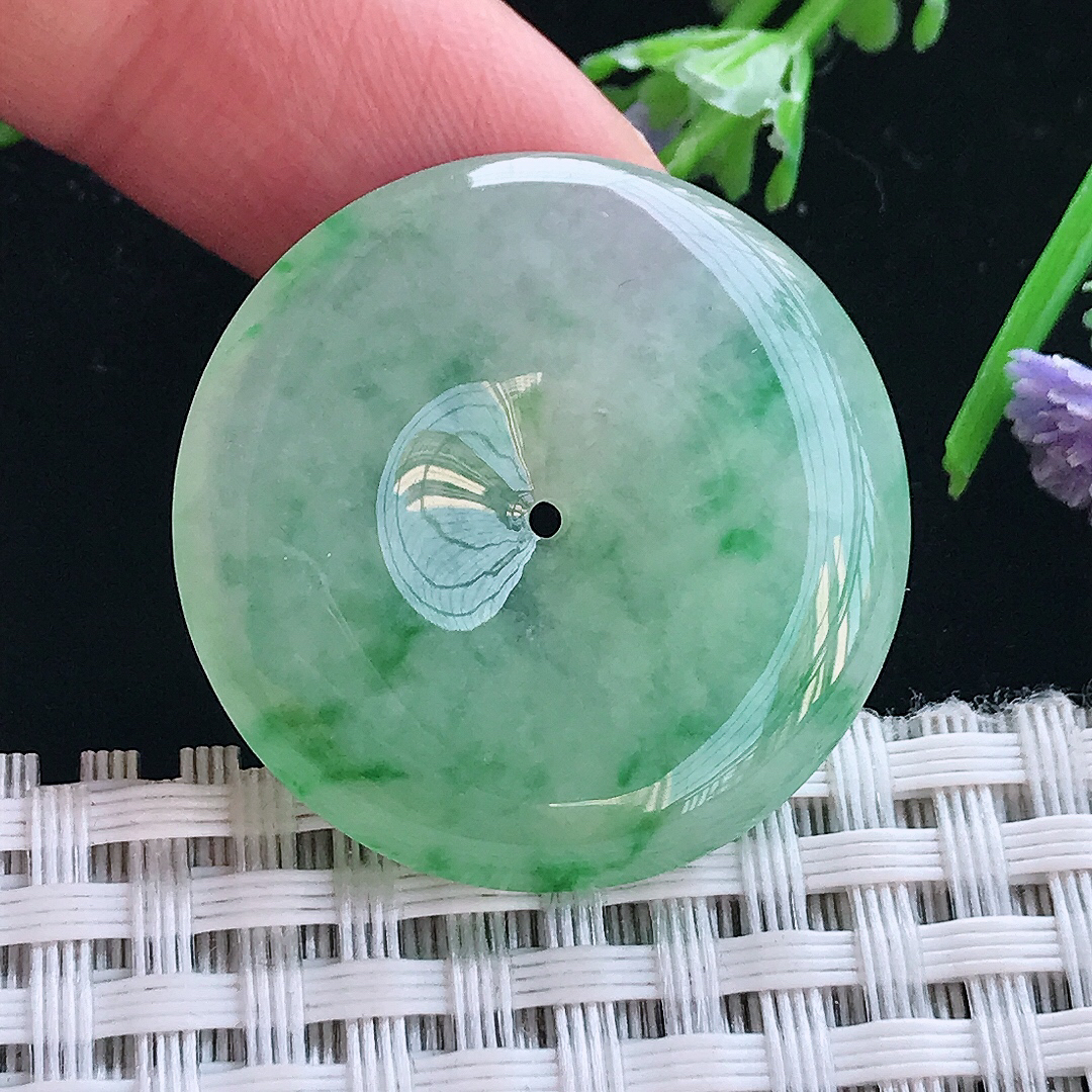 实拍A货翡翠30/5.8老坑冰胶果冻飘阳绿平安扣吊坠翡翠挂件