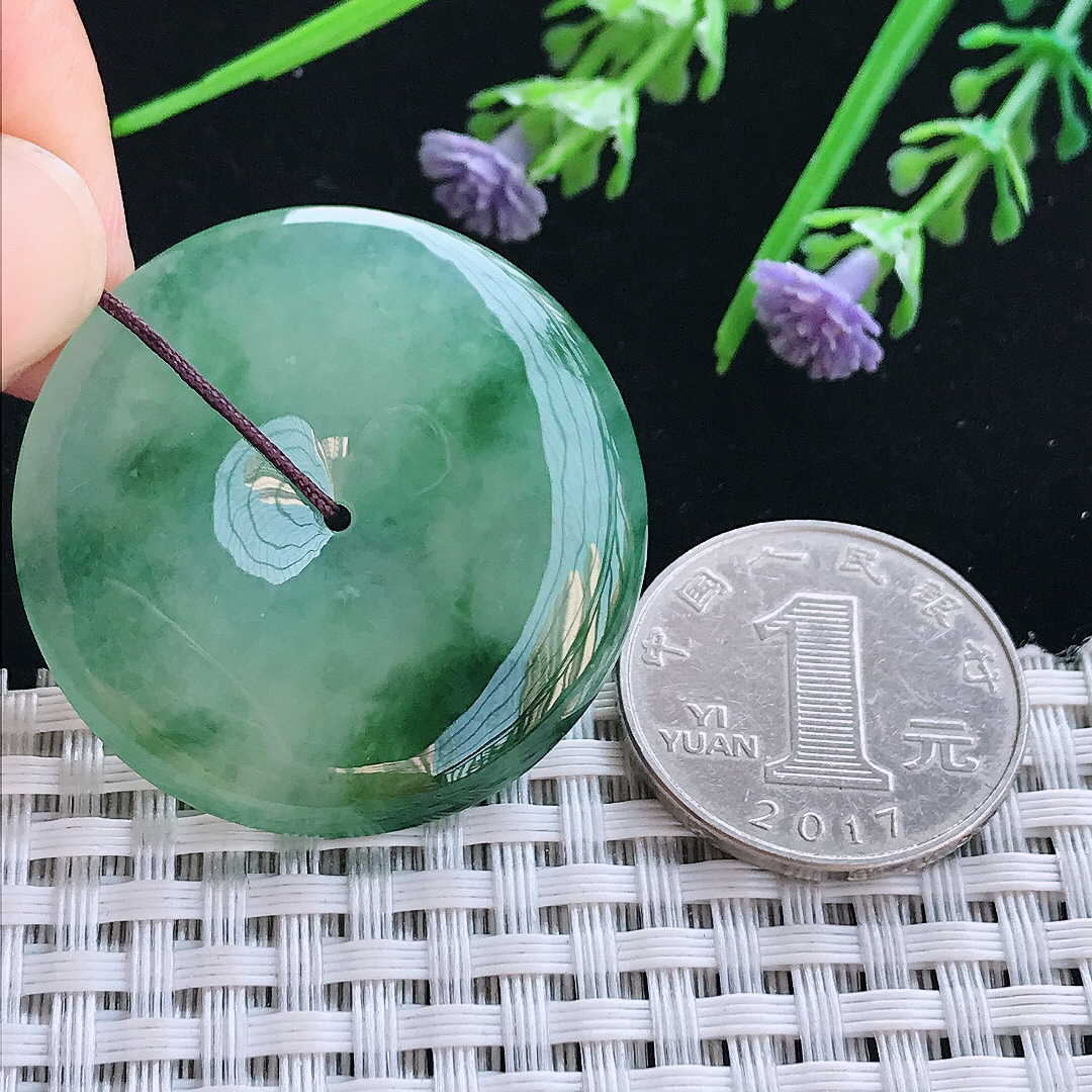 实拍A货翡翠36.8/5.8老坑冰胶果冻冰飘花平安扣吊坠翡翠玉扣挂件