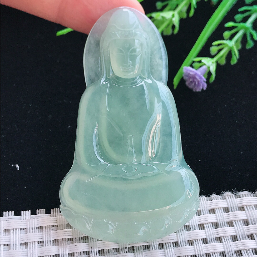 实拍A货翡翠66/39.5/5.5老坑冰种起胶冰晴甜绿素衣观音吊坠翡翠挂件