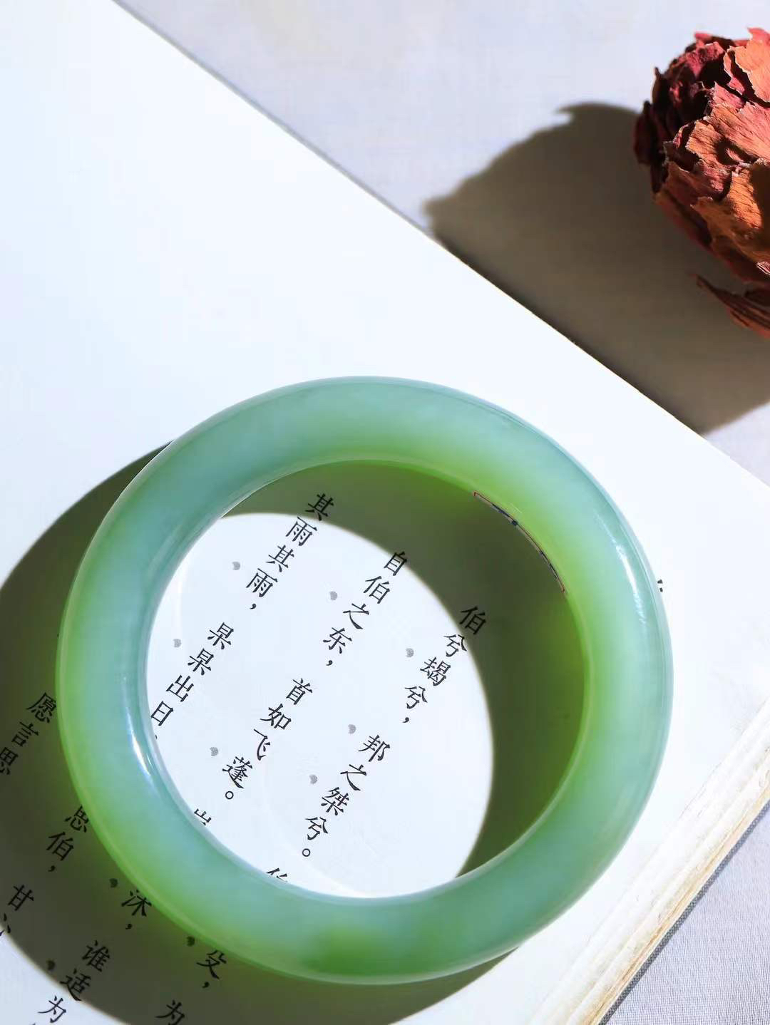 【悠悠芳华.镯】

精品️和田玉碧玉圆条手镯 玉质温润 青葱岁月，尽收腕中，婉转流畅，凝岁月悠长。盈一眸恬淡，挽一抹绿意。重63.5克 内径55mm尺寸11.4-11.4mm56381413T