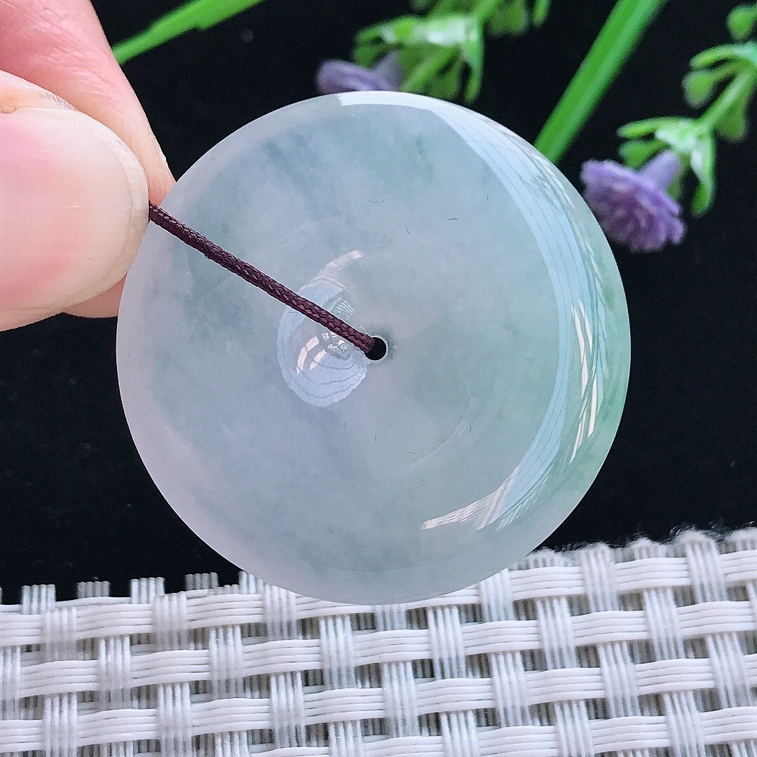 实拍A货翡翠34.7/6老坑冰纯果冻胶飘花平安扣吊坠翡翠玉扣挂件