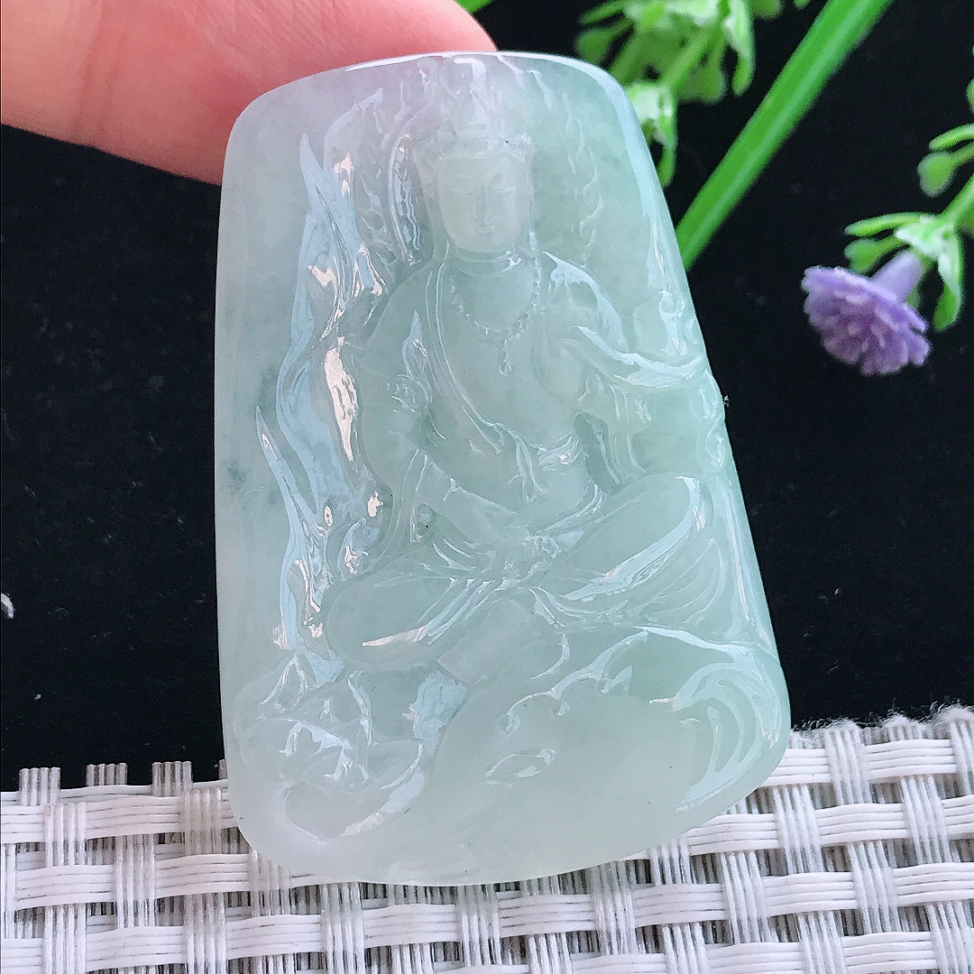 实拍A货翡翠50/34.8/4.2老坑冰胶水灵冰晴普贤菩萨吊坠翡翠挂件
