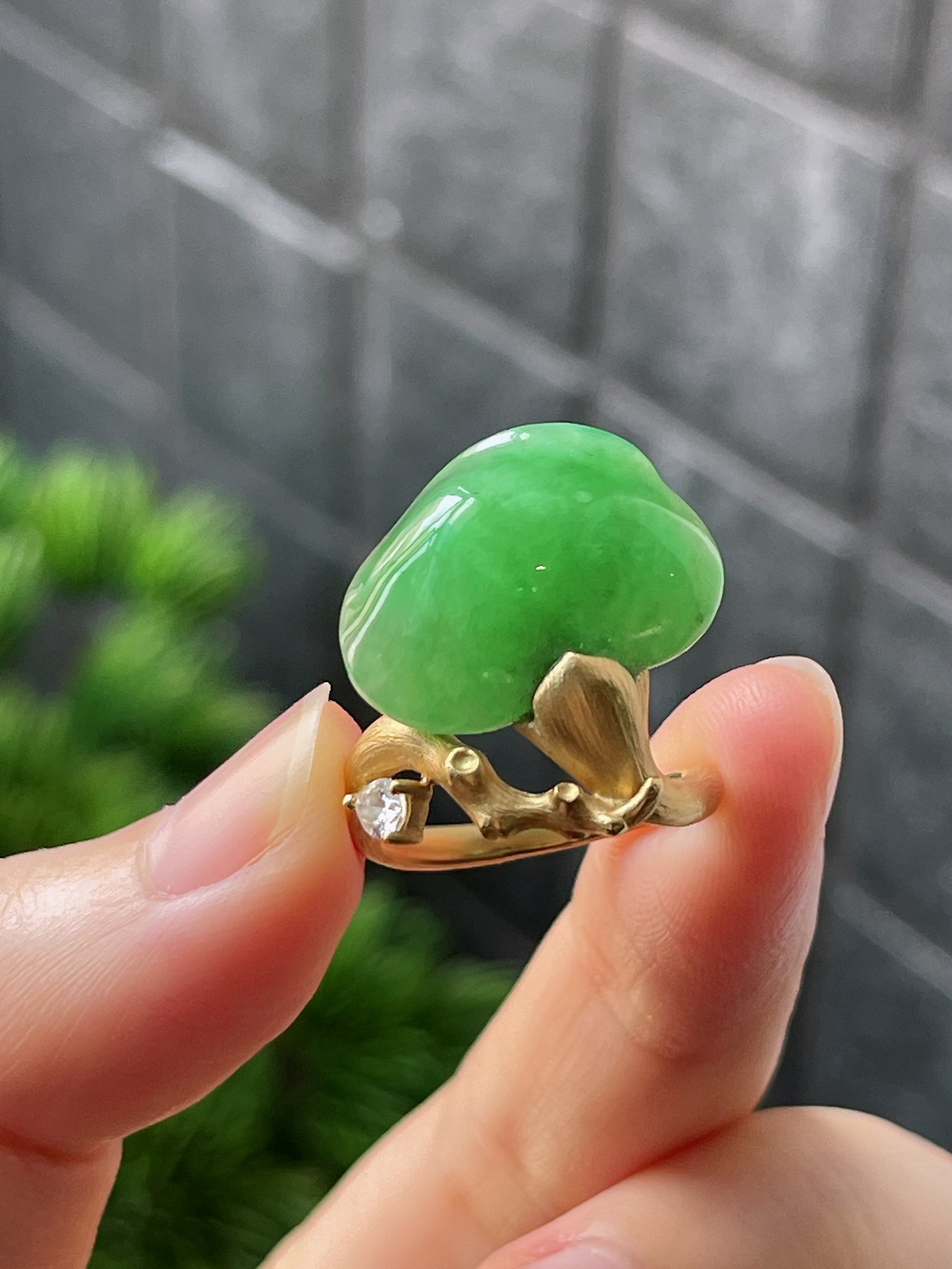 18k翡翠冰糯绿色一颗松特色戒指