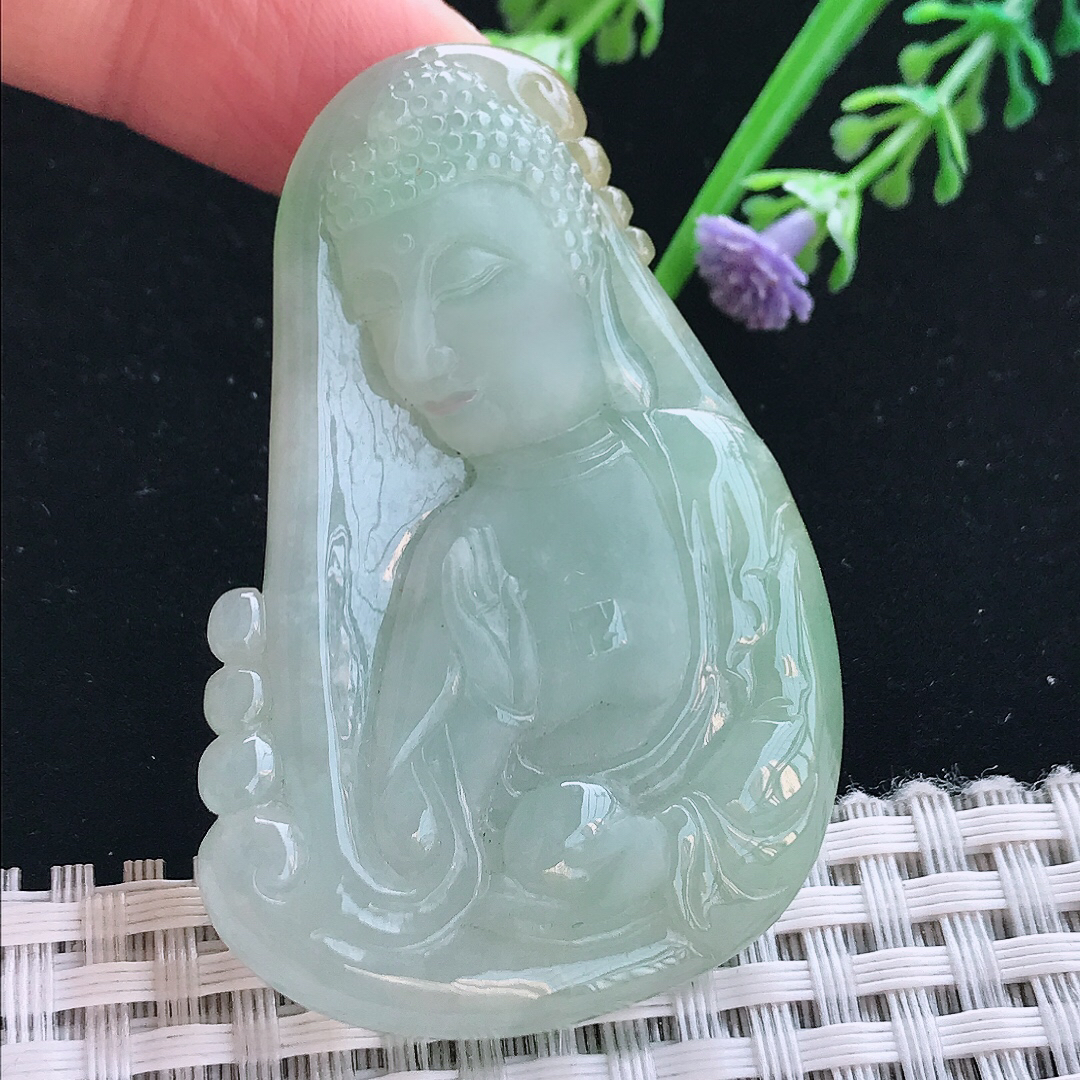 实拍A货翡翠56.8/37/7.6老坑冰润晴绿佛头吊坠翡翠挂件