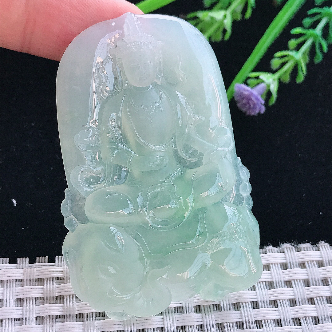 实拍A货翡翠62/41.2/6老坑冰胶果冻冰晴绿普贤菩萨吊坠翡翠挂件