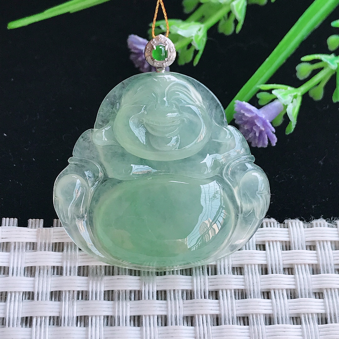 实拍A货翡翠32.2/34.8/6老坑18k金镶嵌冰种冰晴绿佛公吊坠翡翠玉佛挂件