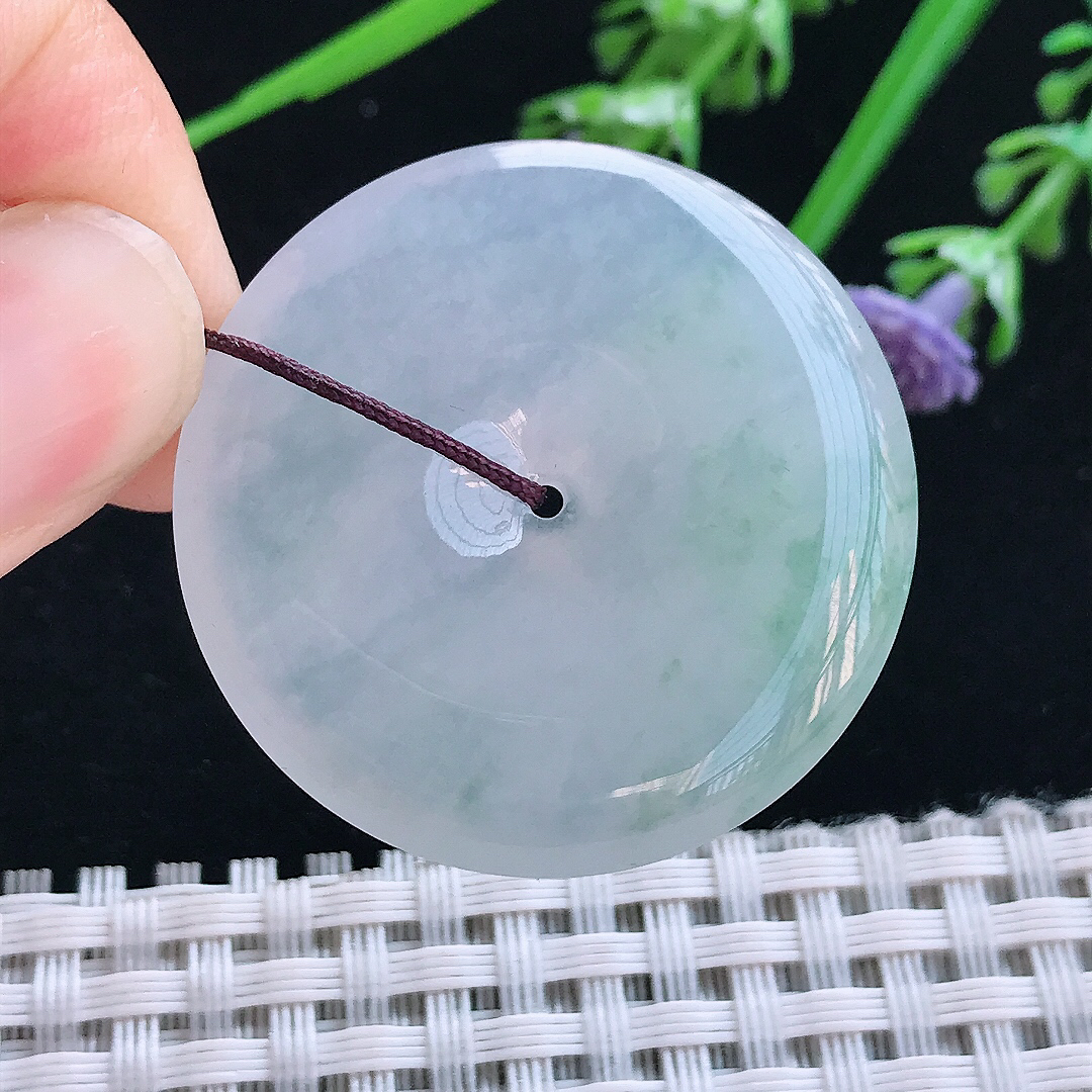 实拍A货翡翠34.7/6老坑冰纯果冻胶飘花平安扣吊坠翡翠玉扣挂件