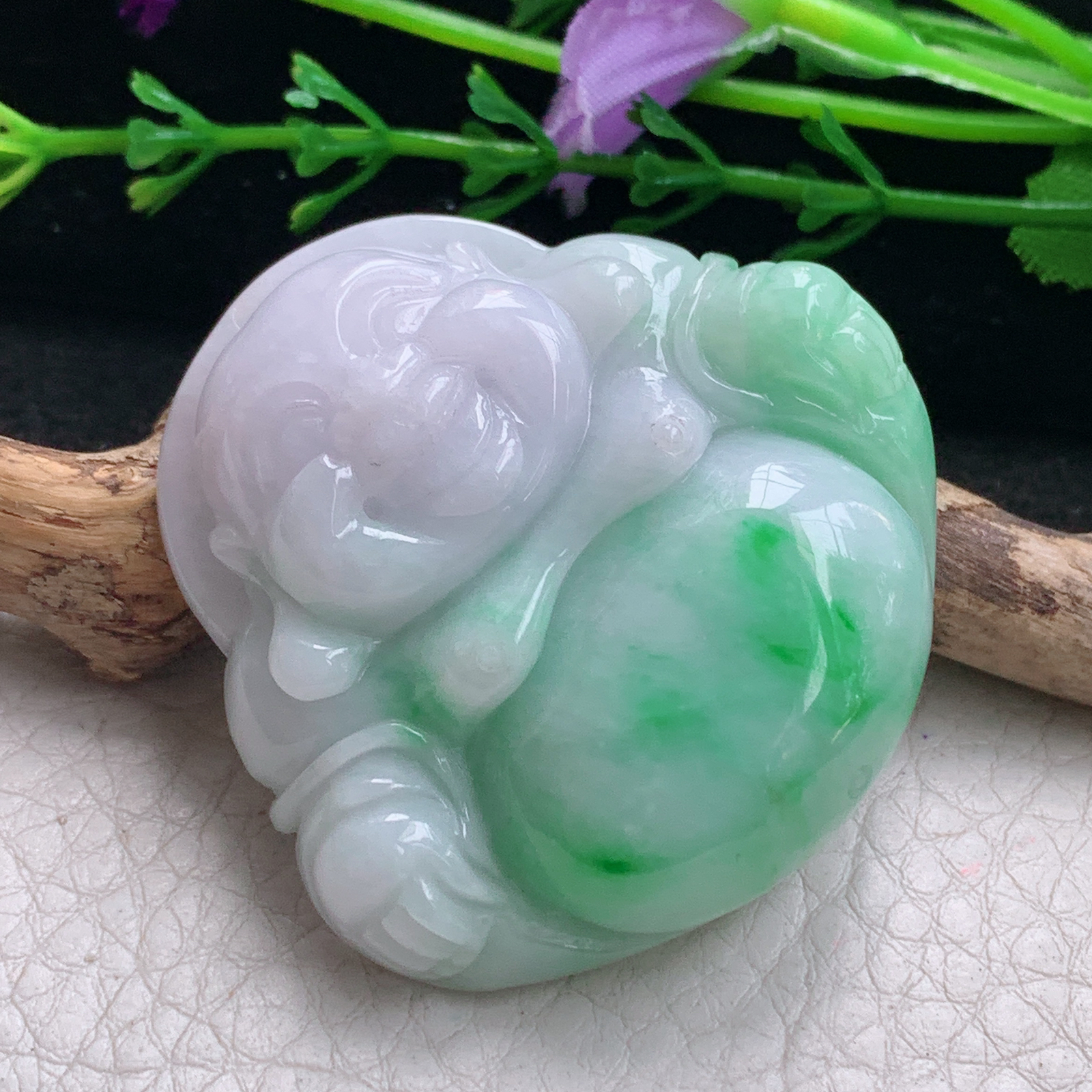 zen实拍45.5*47*12缅甸天然翡翠a货精雕春带彩大佛公玉项坠 玉挂件