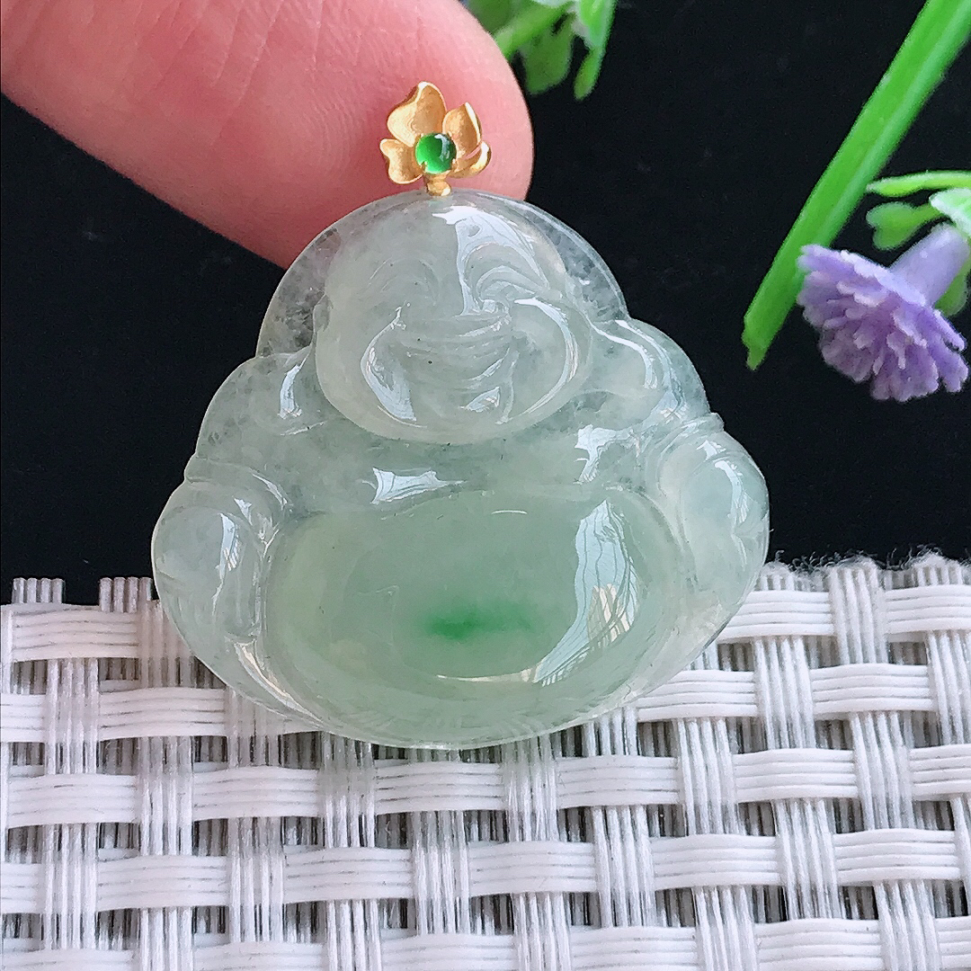 实拍A货翡翠25.8/28.6/5.5老坑18k金镶嵌冰晴飘绿佛公吊坠翡翠挂件