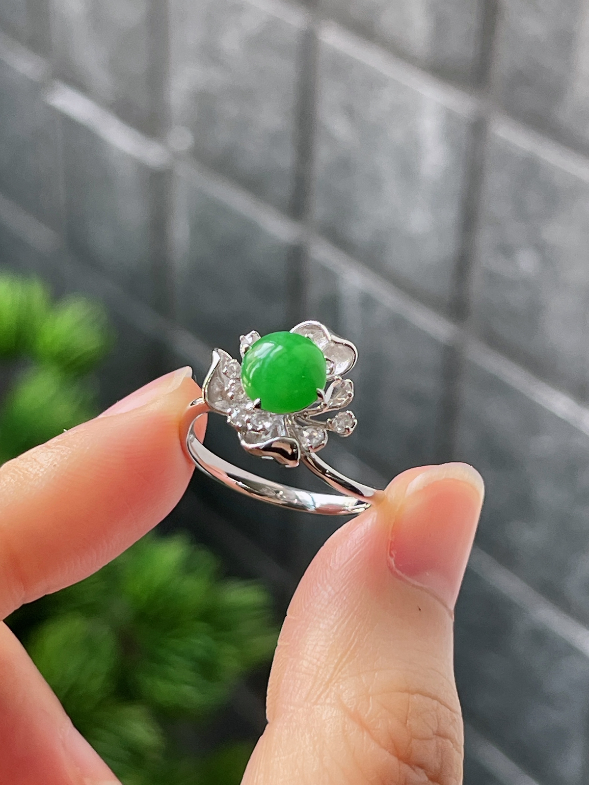 18k翡翠冰糯绿色花朵特色戒指