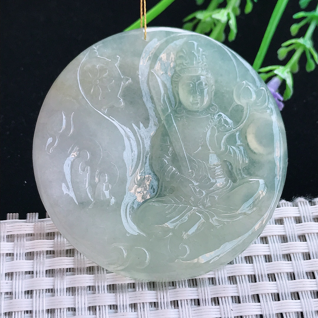 实拍A货翡翠53.6/5.3老坑冰润起胶冰晴虚空藏菩萨吊坠翡翠挂件
