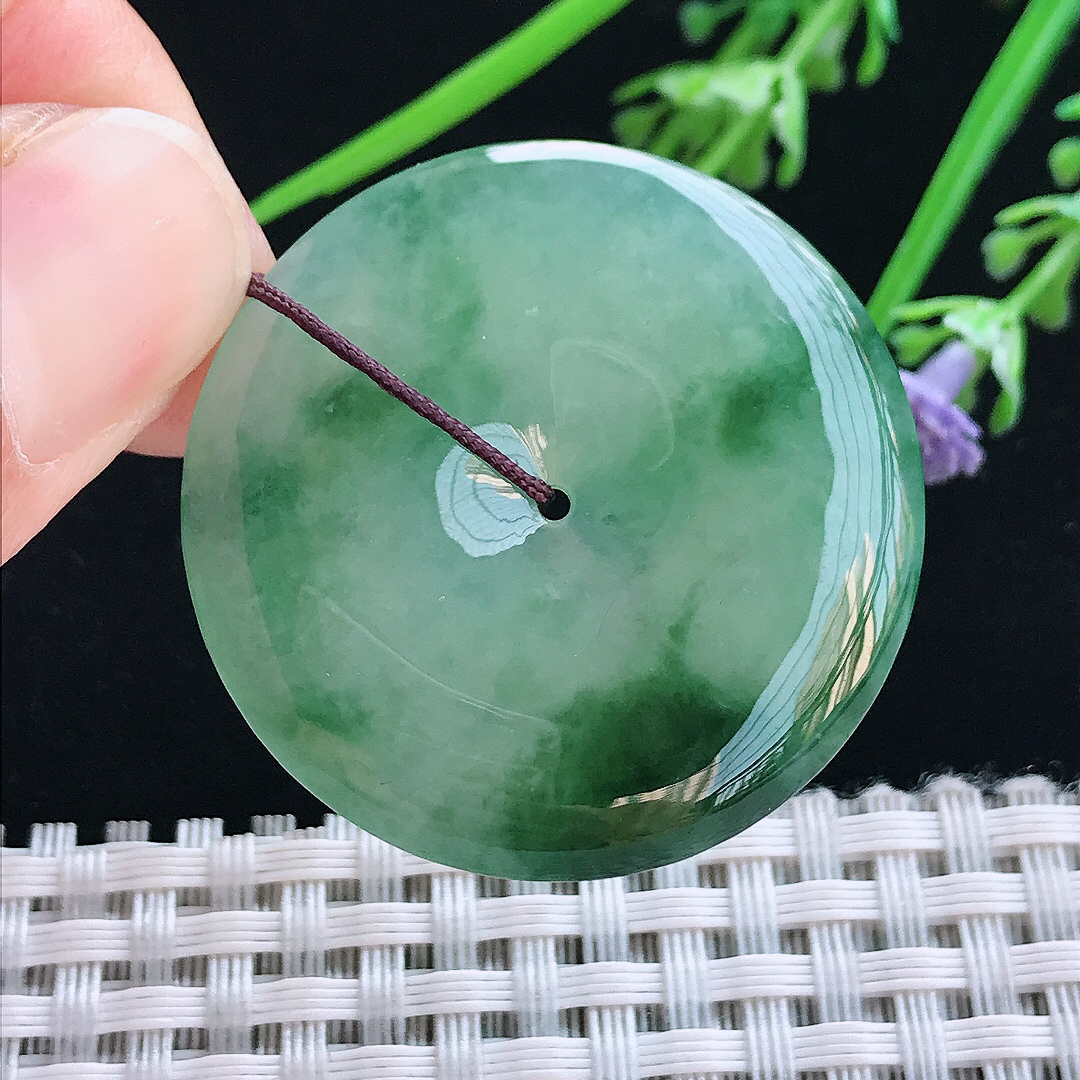 实拍A货翡翠36.8/5.8老坑冰胶果冻冰飘花平安扣吊坠翡翠玉扣挂件