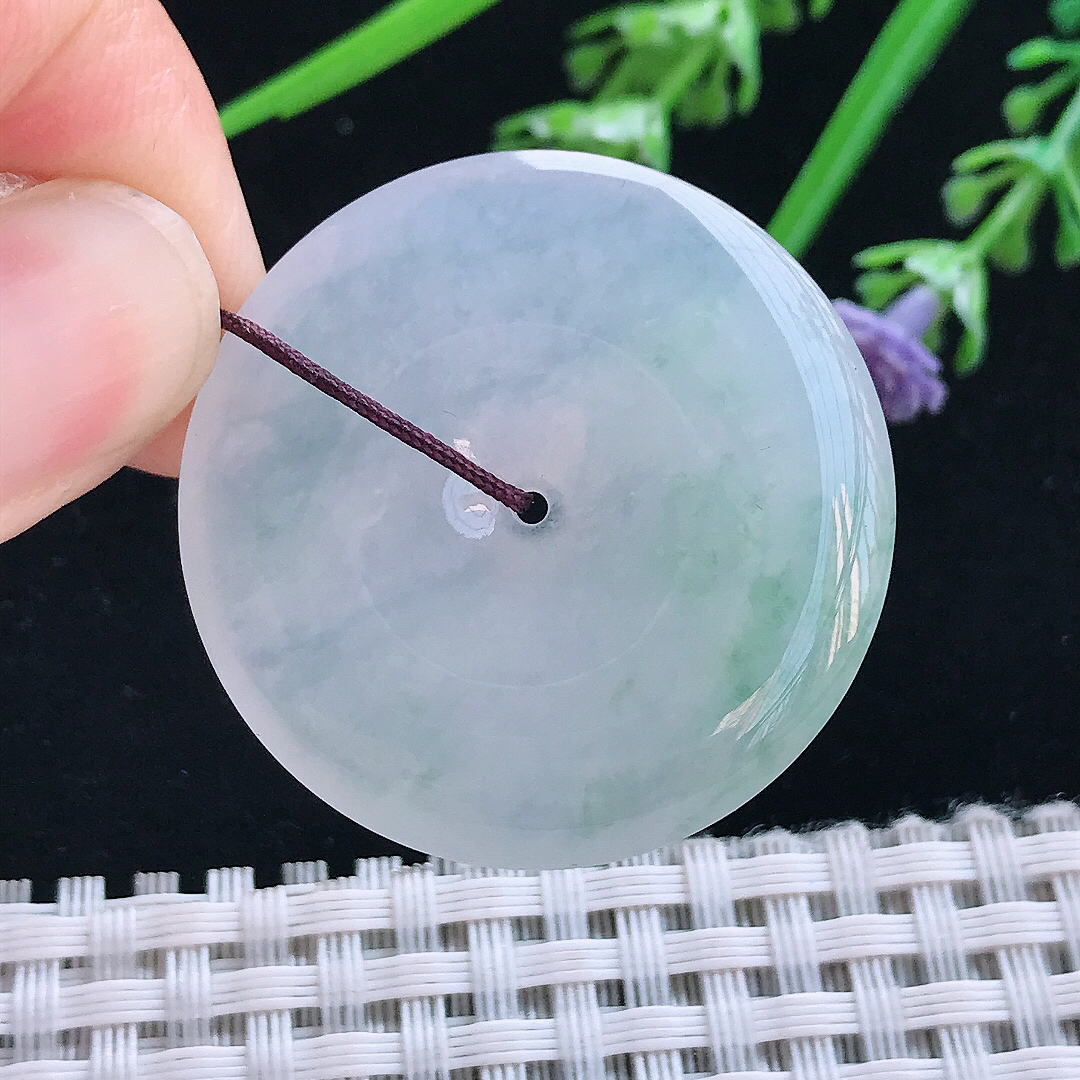 实拍A货翡翠34.7/6老坑冰纯果冻胶飘花平安扣吊坠翡翠玉扣挂件