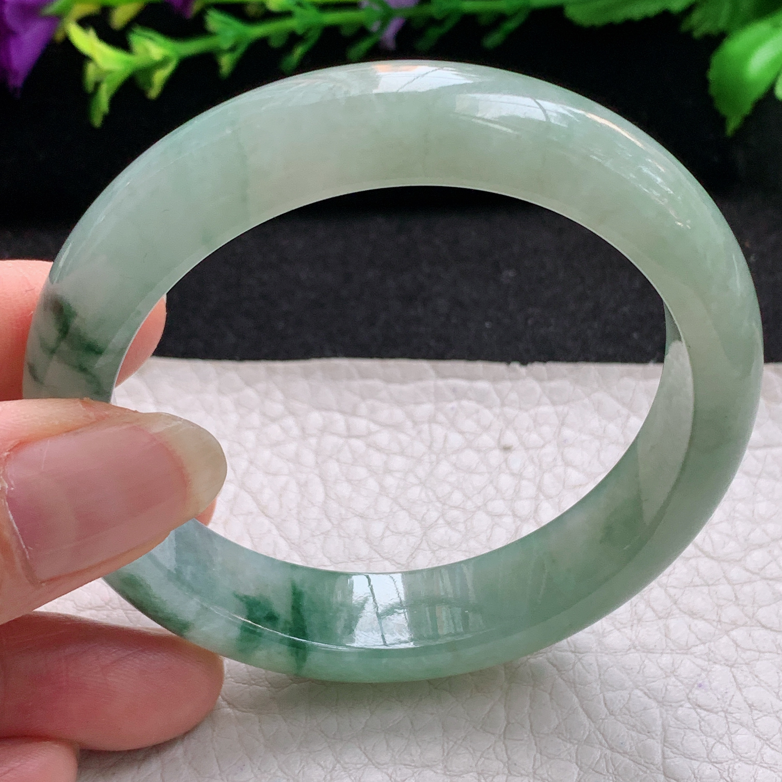 hh飘逸款55*13*8平安镯 缅甸翡翠a货玉手镯精美胶感冰飘花正圈玉手环