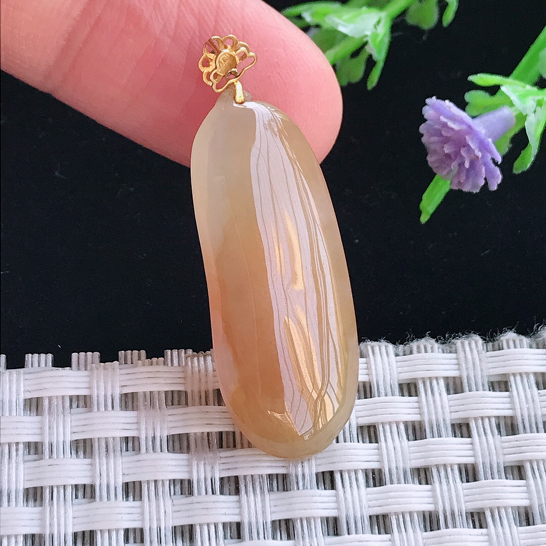 实拍A货翡翠32/13/4.5老坑18k金镶嵌冰润黄翡福瓜吊坠翡翠挂件