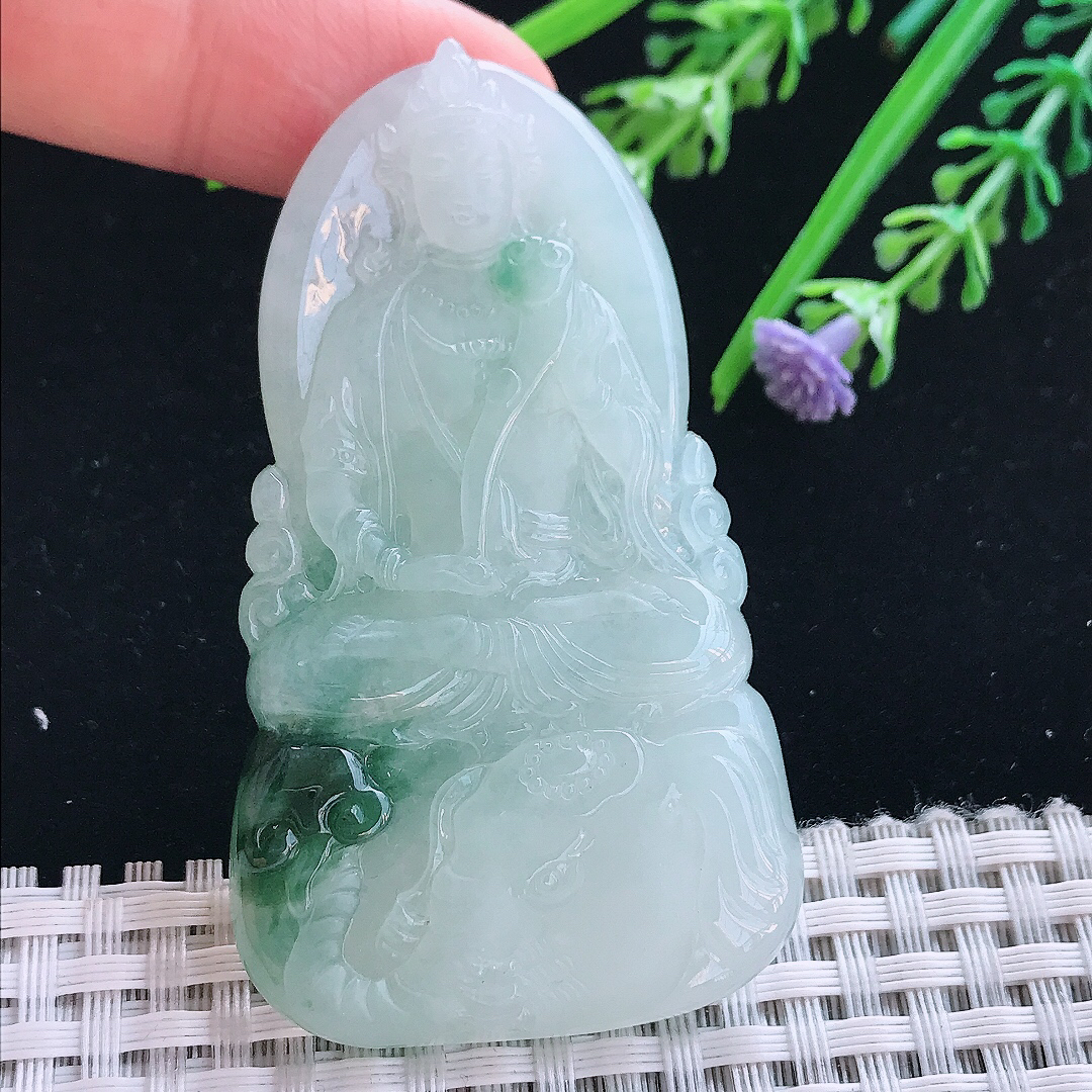 实拍A货翡翠65/37/6.5老坑冰胶飘花普贤菩萨吊坠翡翠挂件