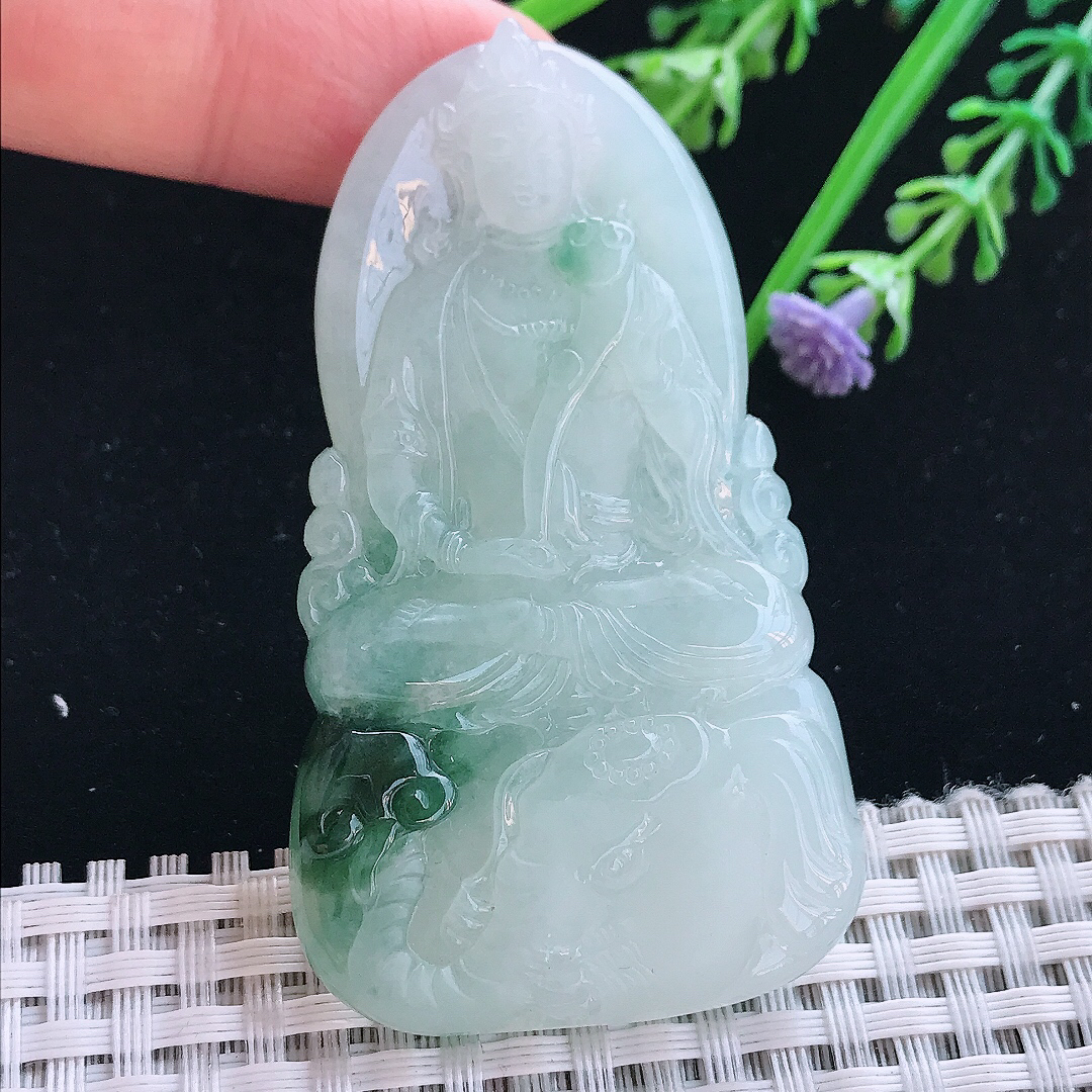 实拍A货翡翠65/37/6.5老坑冰胶飘花普贤菩萨吊坠翡翠挂件