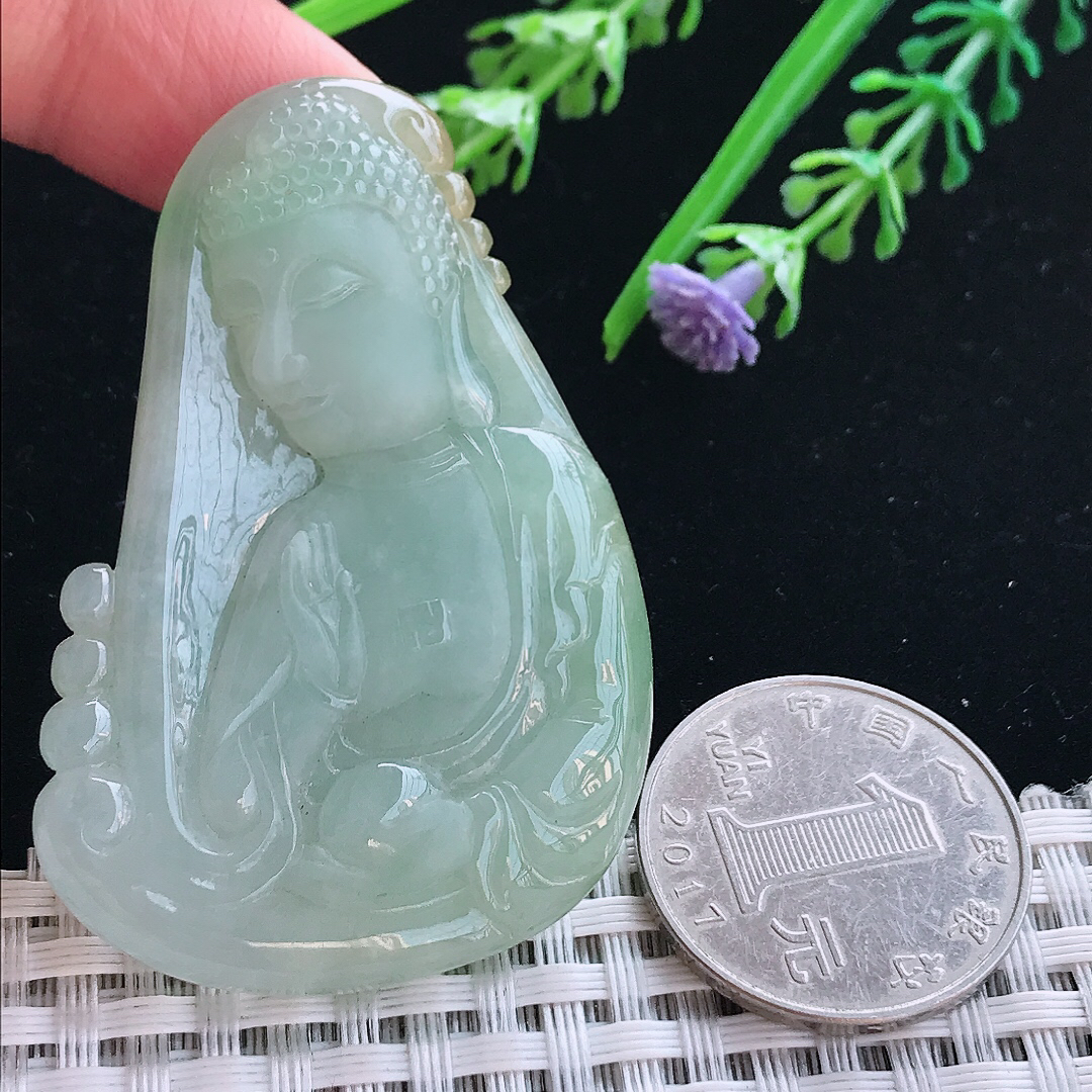 实拍A货翡翠56.8/37/7.6老坑冰润晴绿佛头吊坠翡翠挂件