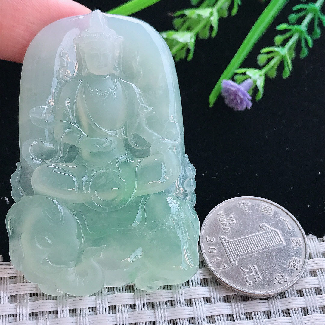 实拍A货翡翠62/41.2/6老坑冰胶果冻冰晴绿普贤菩萨吊坠翡翠挂件