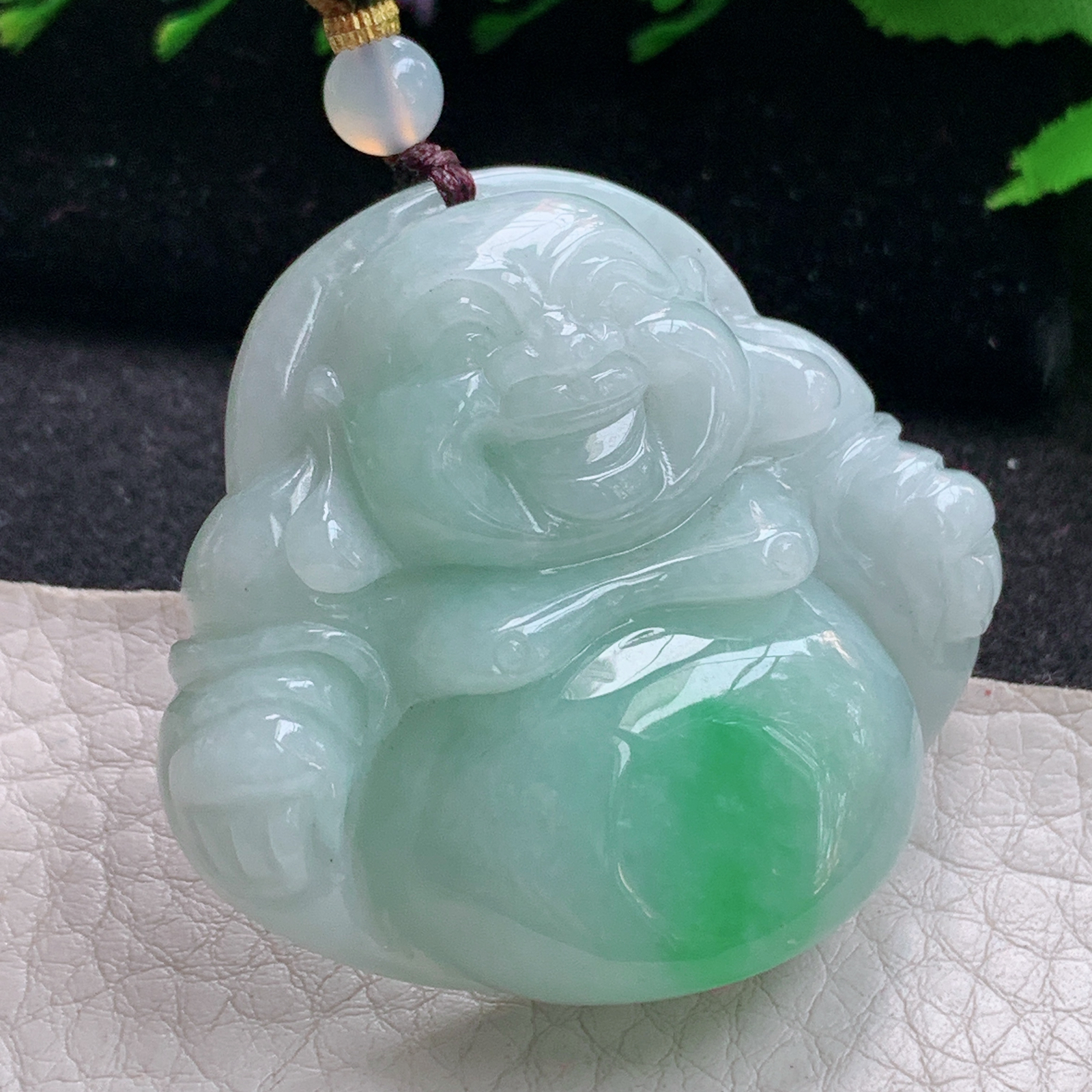 zen实拍43*46.8*13缅甸天然翡翠a货精雕飘绿佛公 弥勒佛玉项坠 玉挂件