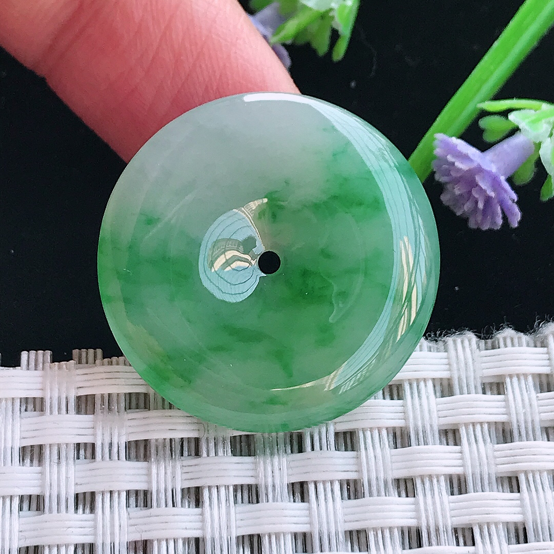 实拍A货翡翠27/4.7老坑冰胶水灵辣阳绿平安扣吊坠翡翠玉扣挂件