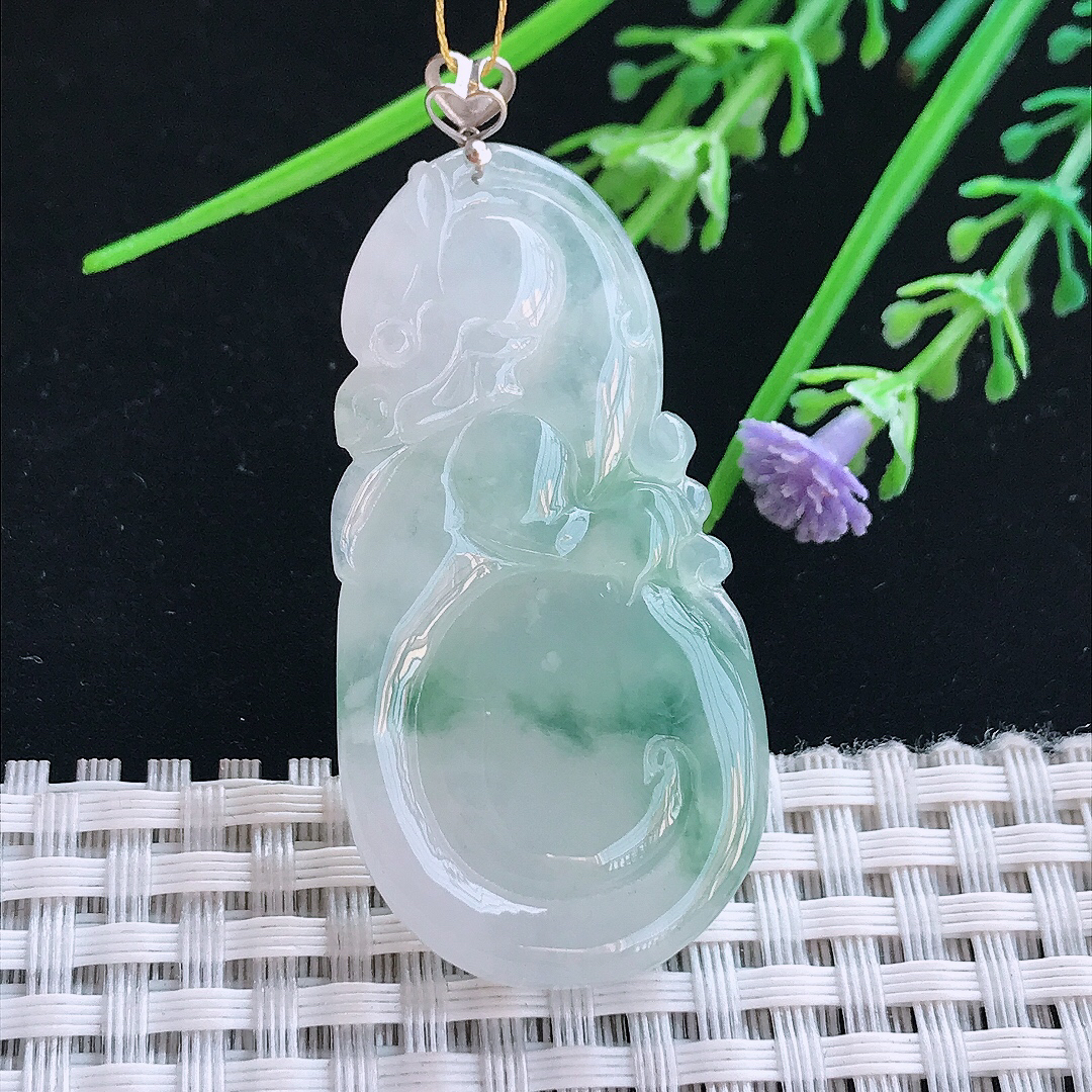 实拍A货翡翠47.5/24.5/6.9老坑18k金镶嵌冰飘花如意龙吊坠翡翠挂件