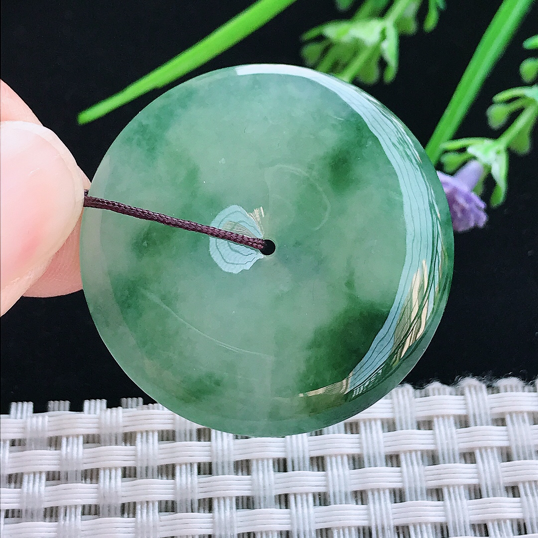 实拍A货翡翠36.8/5.8老坑冰胶果冻冰飘花平安扣吊坠翡翠玉扣挂件