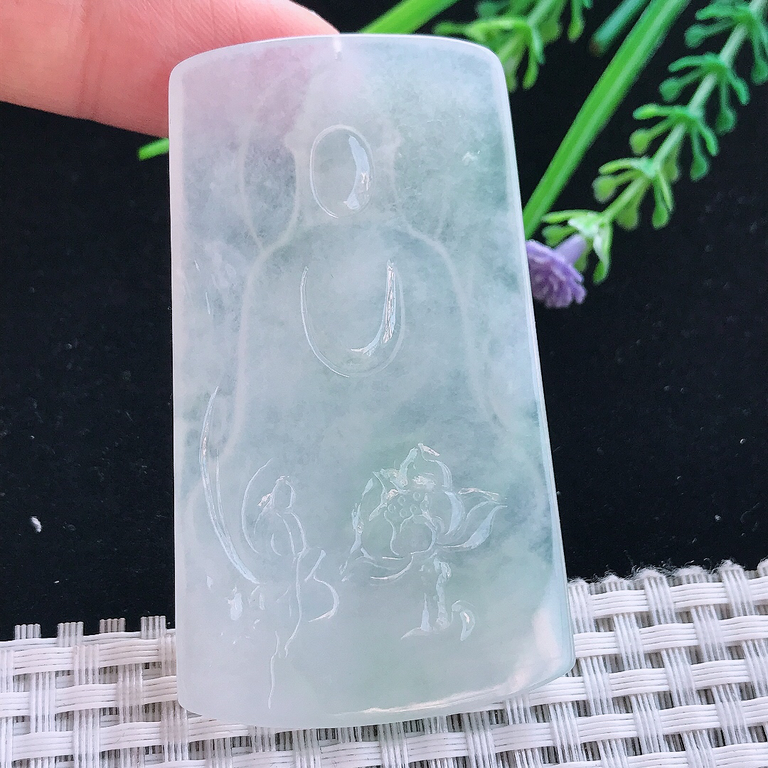 实拍A货翡翠64.5/38/5.6老坑冰透起胶观音菩萨吊坠玉观音挂件