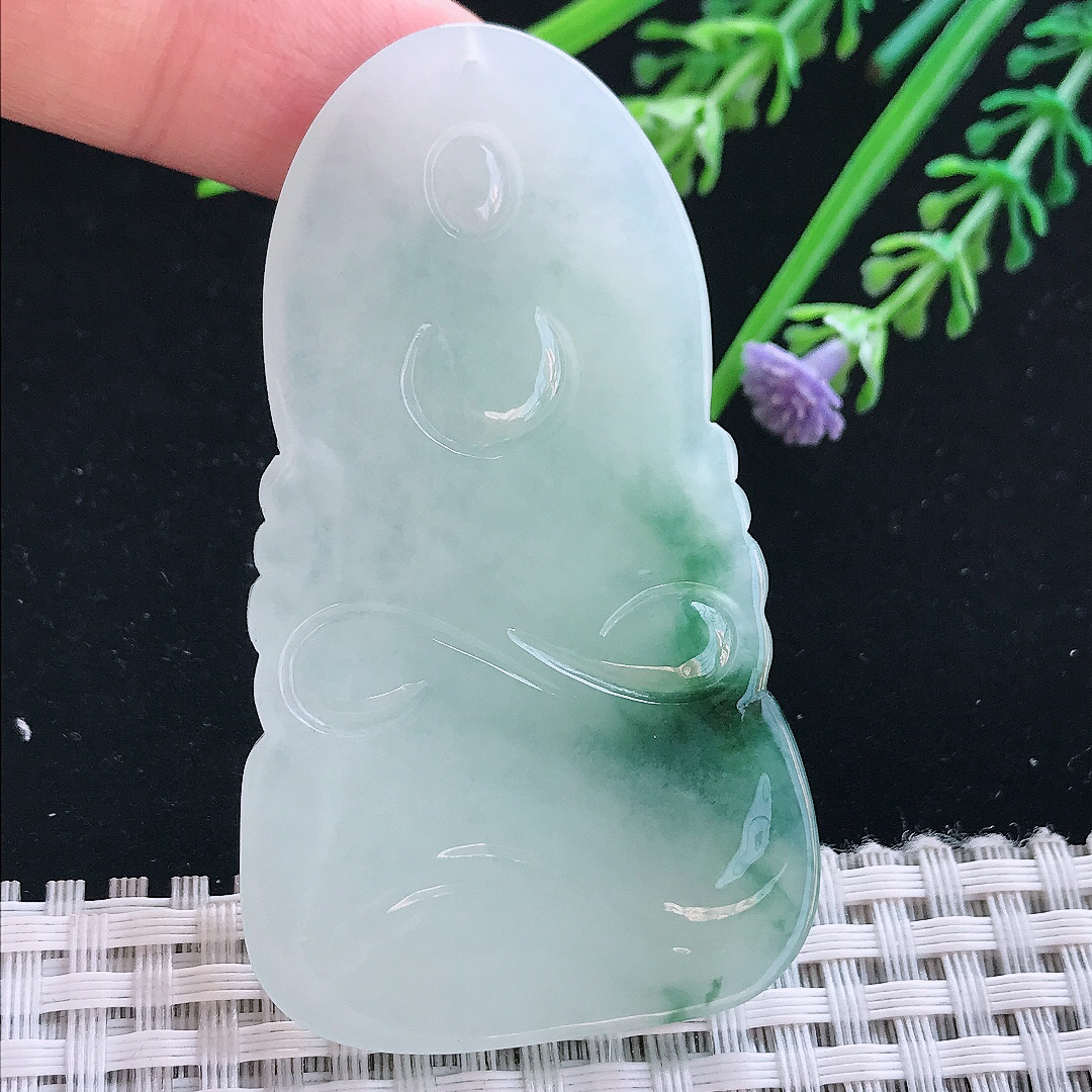 实拍A货翡翠65/37/6.5老坑冰胶飘花普贤菩萨吊坠翡翠挂件