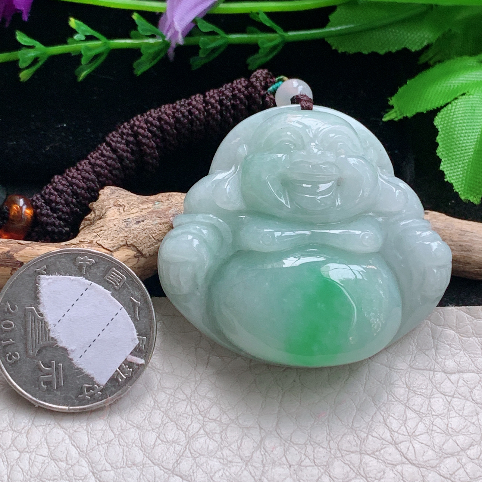 zen实拍43*46.8*13缅甸天然翡翠a货精雕飘绿佛公 弥勒佛玉项坠 玉挂件