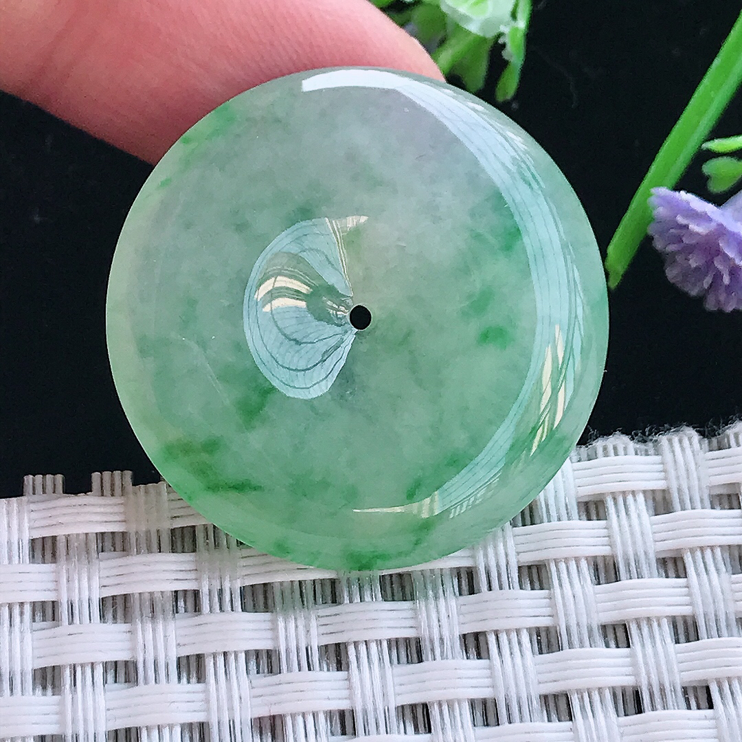 实拍A货翡翠30/5.8老坑冰胶果冻飘阳绿平安扣吊坠翡翠挂件