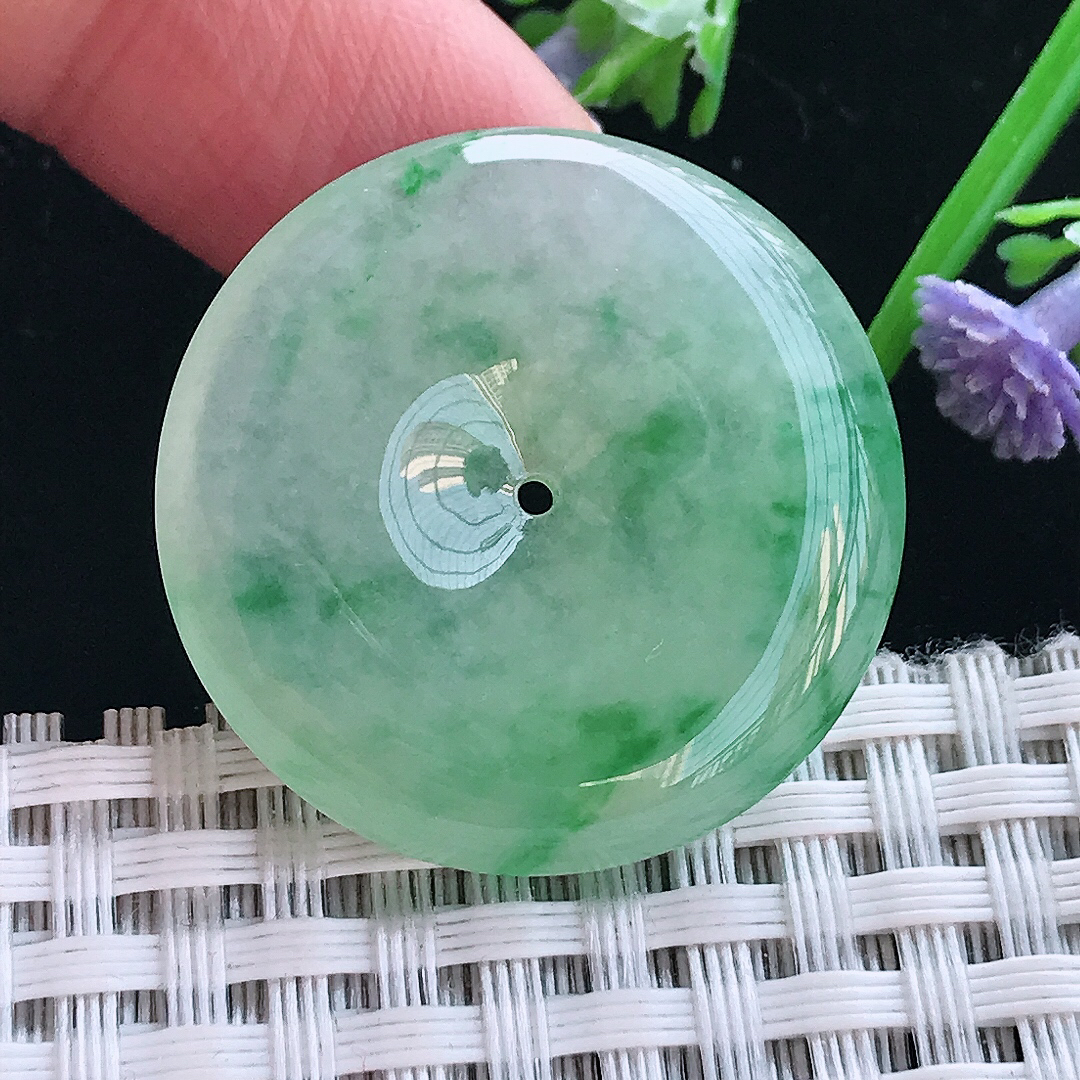 实拍A货翡翠30/5.8老坑冰胶果冻飘阳绿平安扣吊坠翡翠挂件