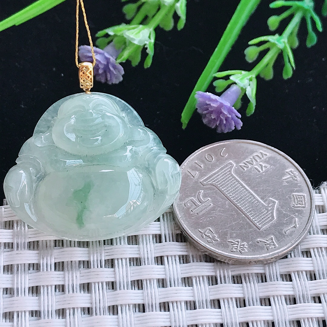 实拍A货翡翠25.6/29.8/6.2老坑18k金镶嵌冰胶果冻飘花佛公吊坠翡翠玉佛挂件