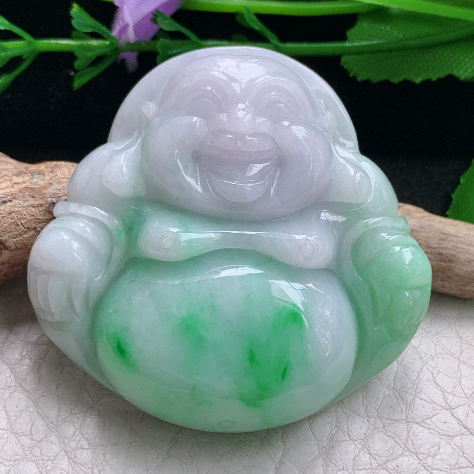 zen实拍45.5*47*12缅甸天然翡翠a货精雕春带彩大佛公玉项坠 玉挂件