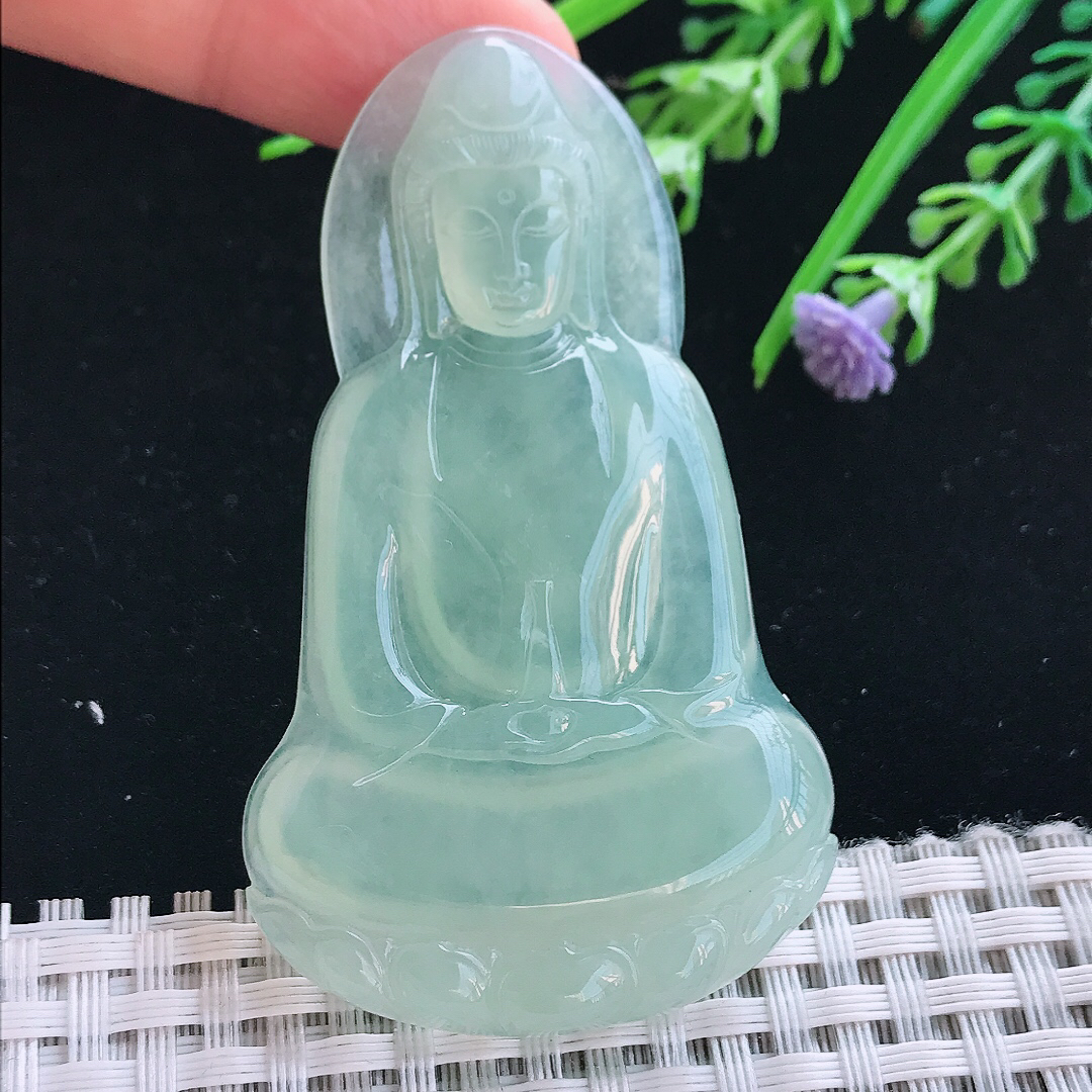 实拍A货翡翠66/39.5/5.5老坑冰种起胶冰晴甜绿素衣观音吊坠翡翠挂件