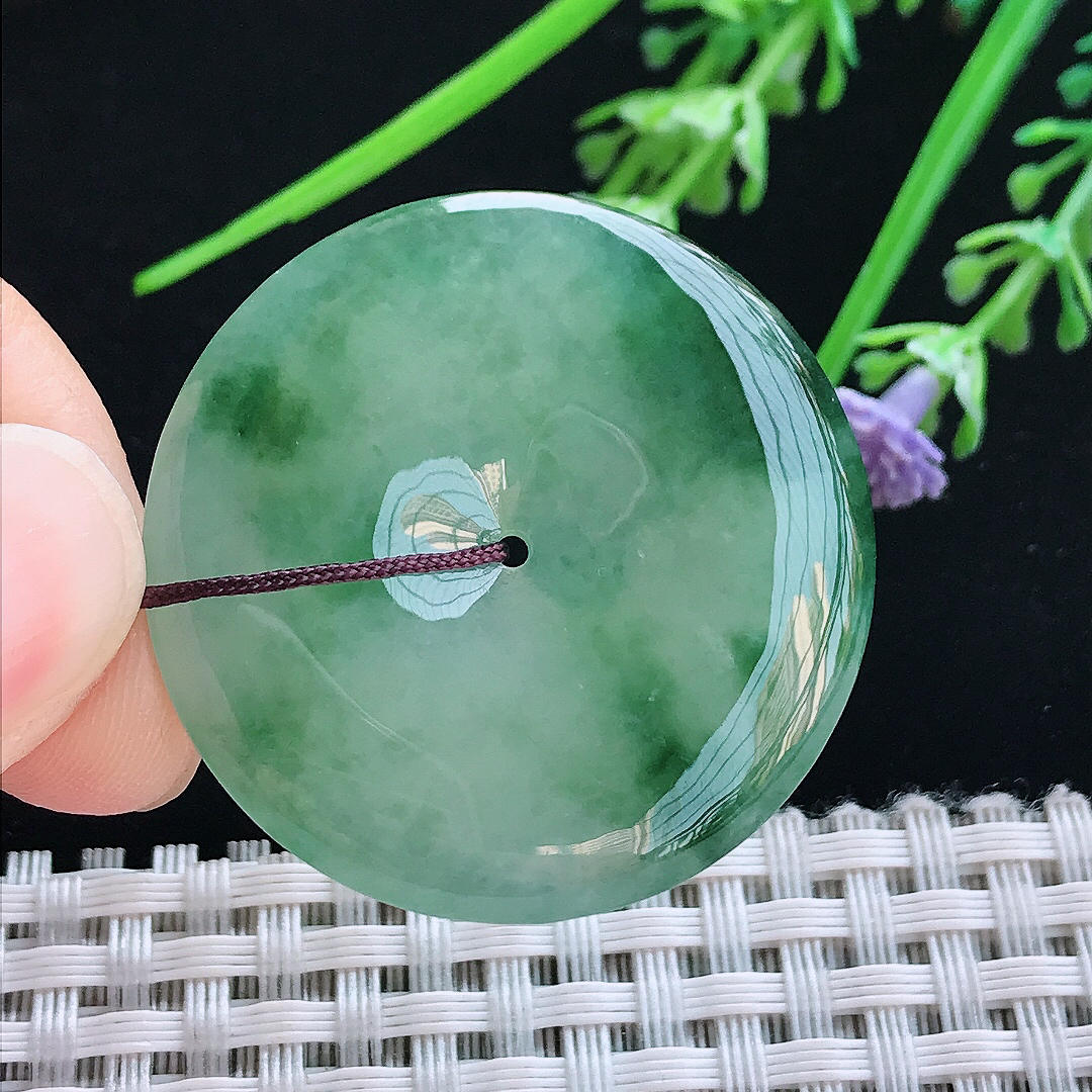 实拍A货翡翠36.8/5.8老坑冰胶果冻冰飘花平安扣吊坠翡翠玉扣挂件