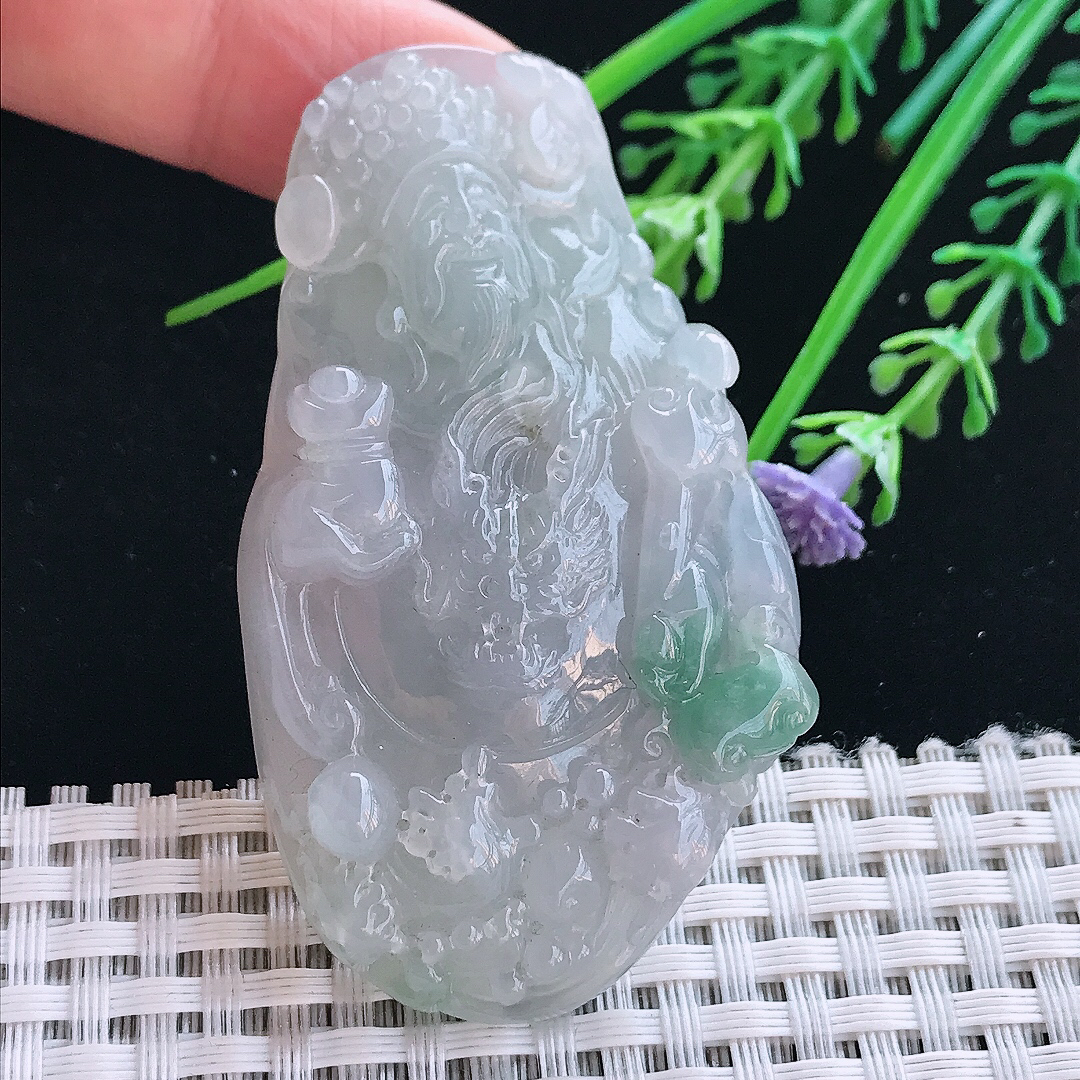 实拍A货翡翠65/36/9.5老坑冰胶特色财神爷吊坠翡翠挂件