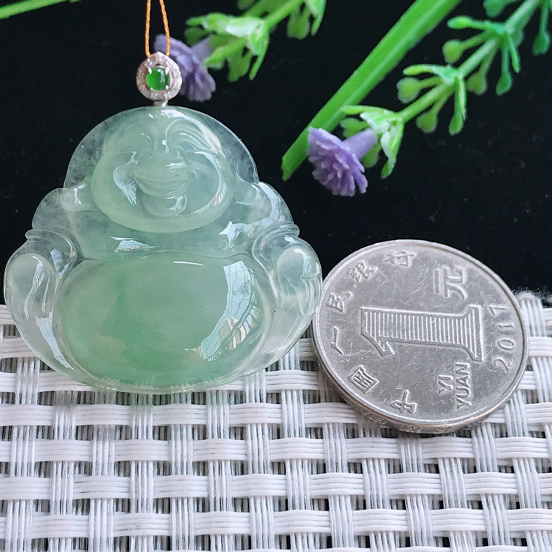 实拍A货翡翠32.2/34.8/6老坑18k金镶嵌冰种冰晴绿佛公吊坠翡翠玉佛挂件