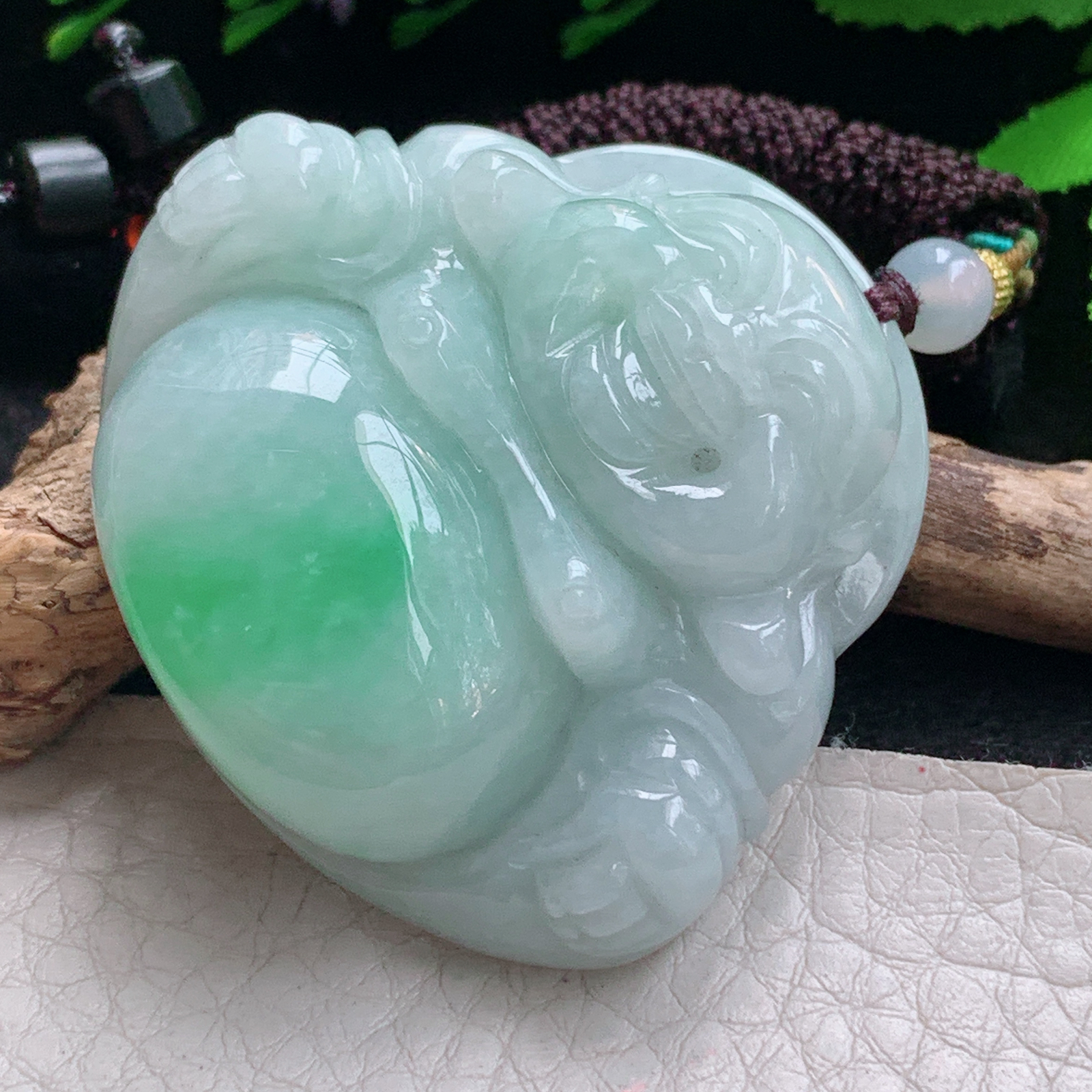 zen实拍43*46.8*13缅甸天然翡翠a货精雕飘绿佛公 弥勒佛玉项坠 玉挂件