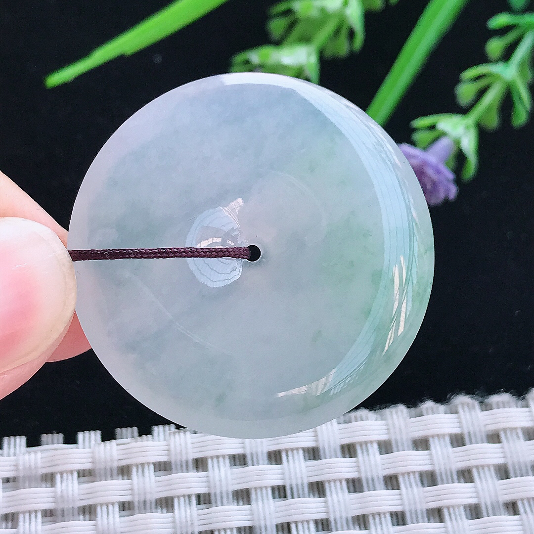 实拍A货翡翠34.7/6老坑冰纯果冻胶飘花平安扣吊坠翡翠玉扣挂件