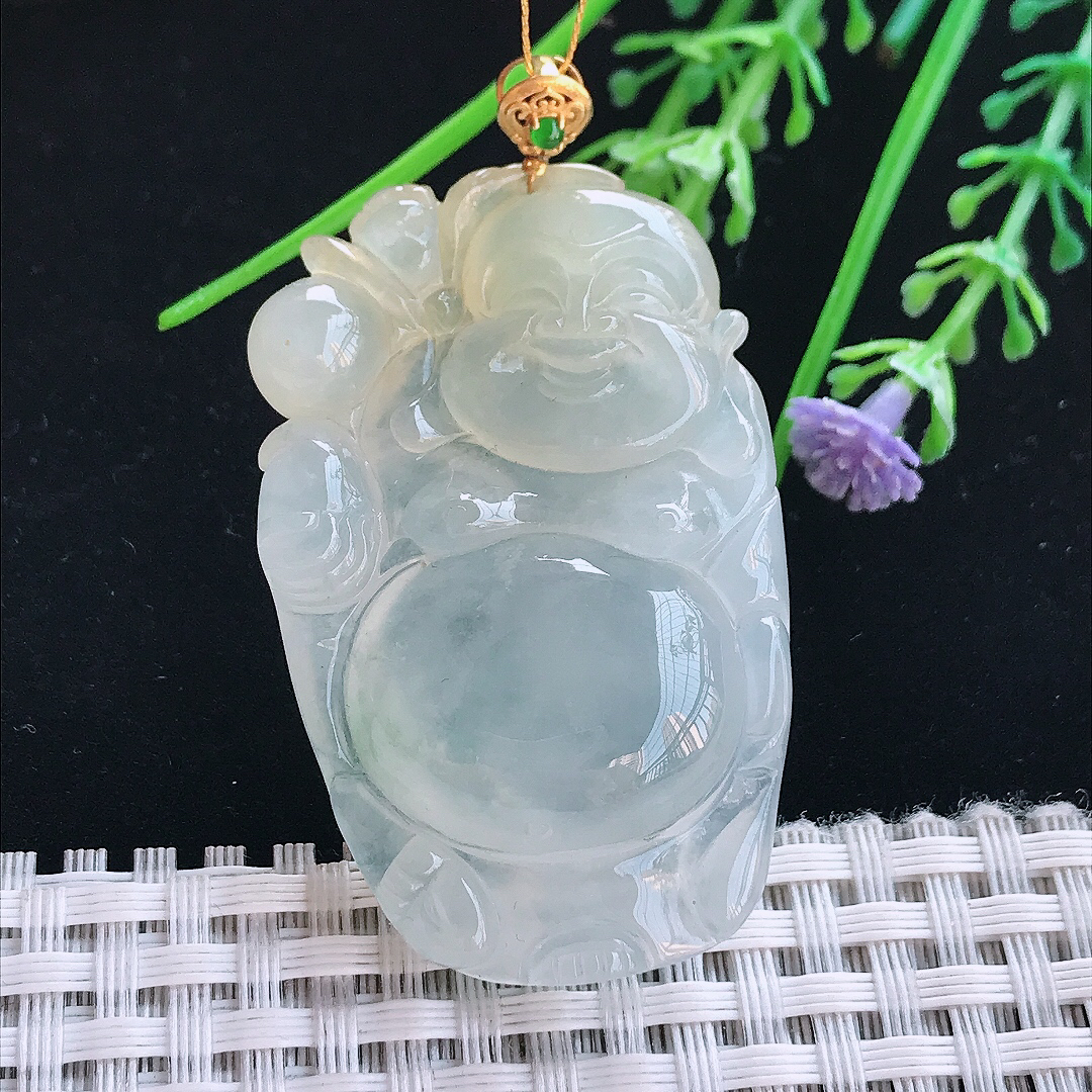 实拍A货翡翠48.8/30.8/9老坑18k金镶嵌冰胶果冻飘黄翡弥勒佛吊坠翡翠佛公挂件