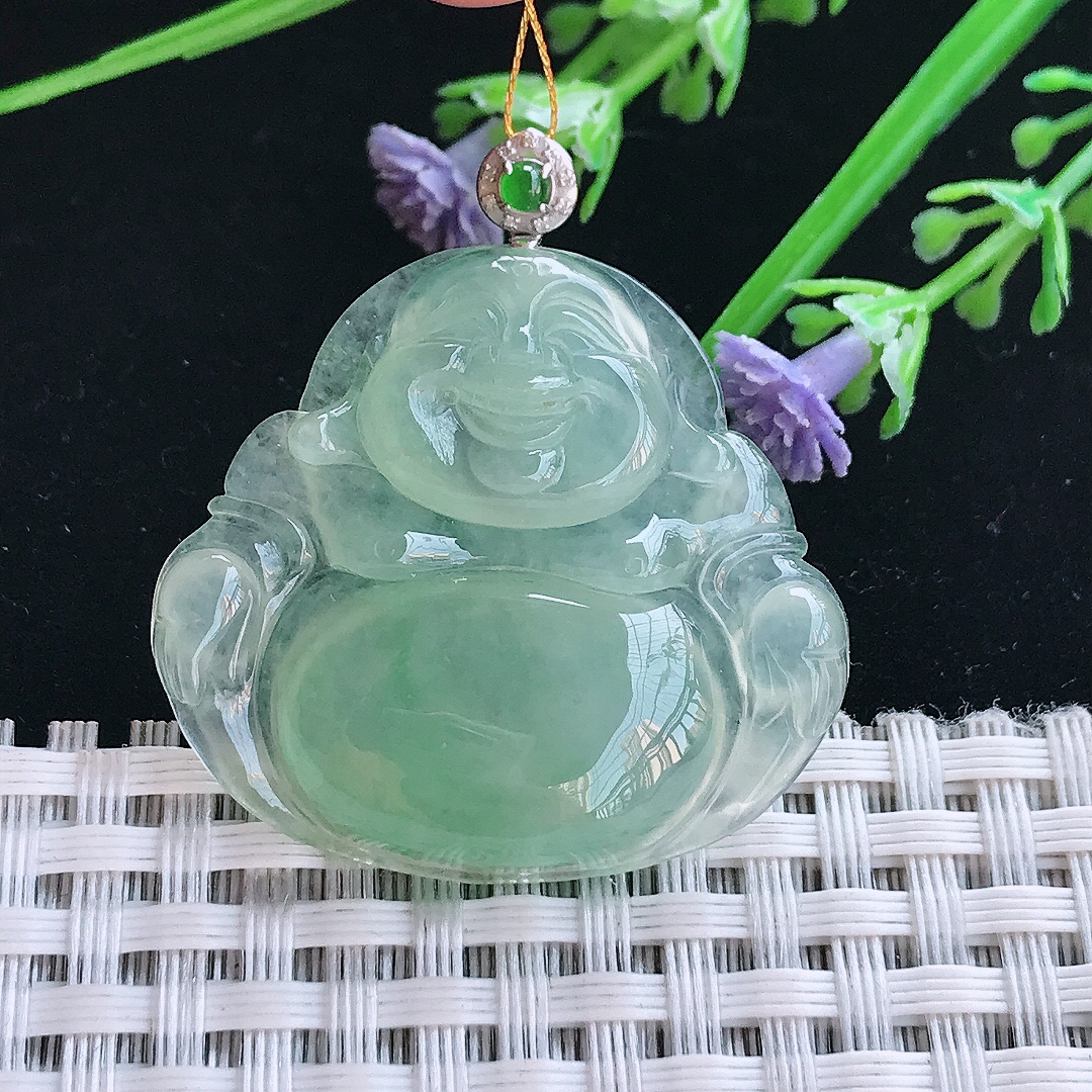 实拍A货翡翠32.2/34.8/6老坑18k金镶嵌冰种冰晴绿佛公吊坠翡翠玉佛挂件