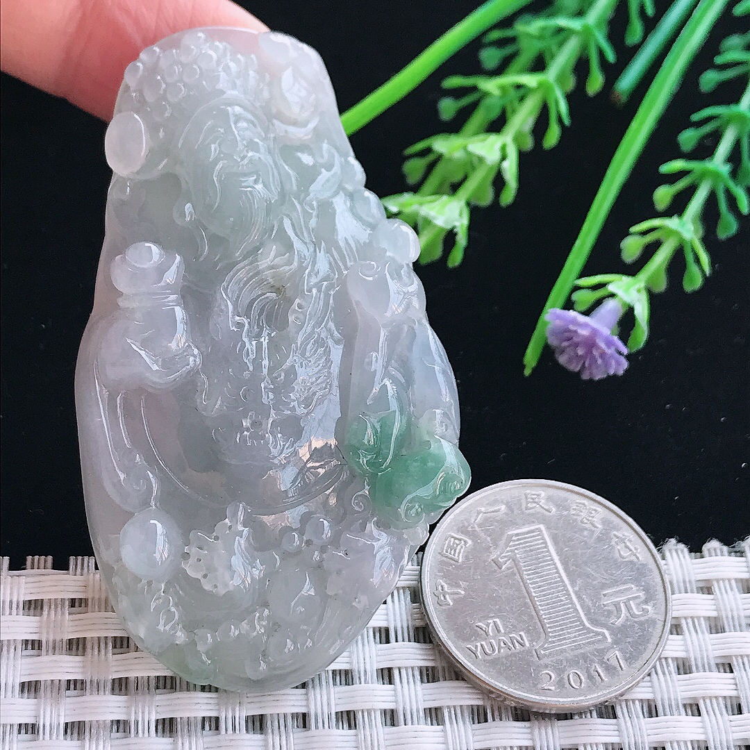 实拍A货翡翠65/36/9.5老坑冰胶特色财神爷吊坠翡翠挂件
