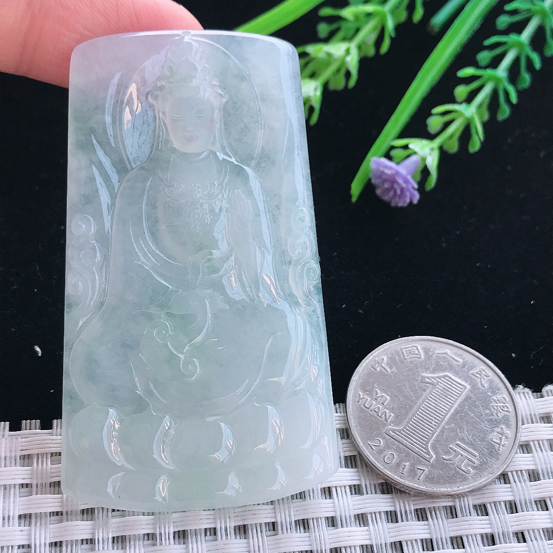 实拍A货翡翠64.5/38/5.6老坑冰透起胶观音菩萨吊坠玉观音挂件